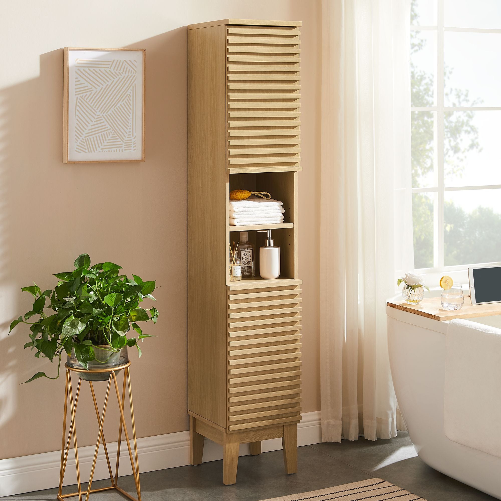 Render Tall Narrow Bathroom Storage Cabinet, Oak