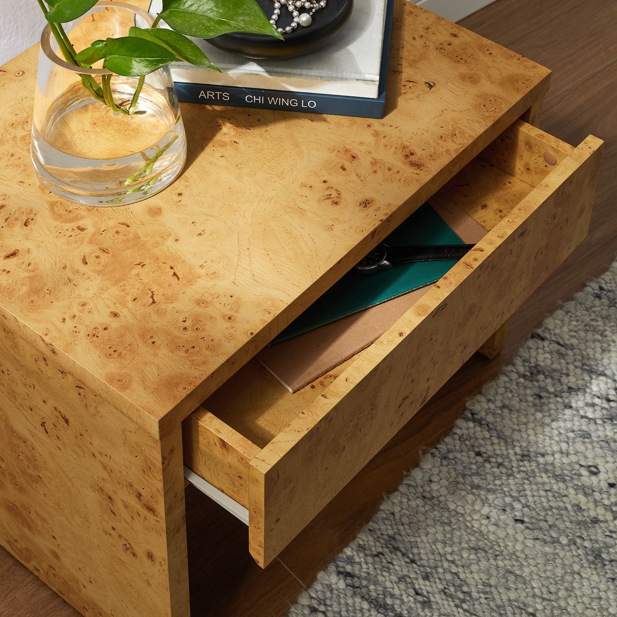 Hudson 1-Drawer Burl Wood Nightstand, Natural