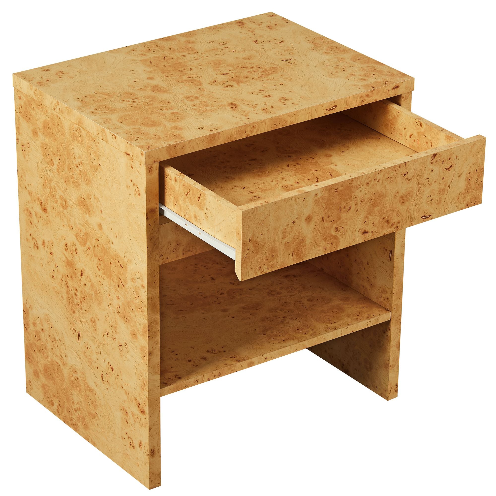 Hudson 1-Drawer Burl Wood Nightstand With Shelf, Natural