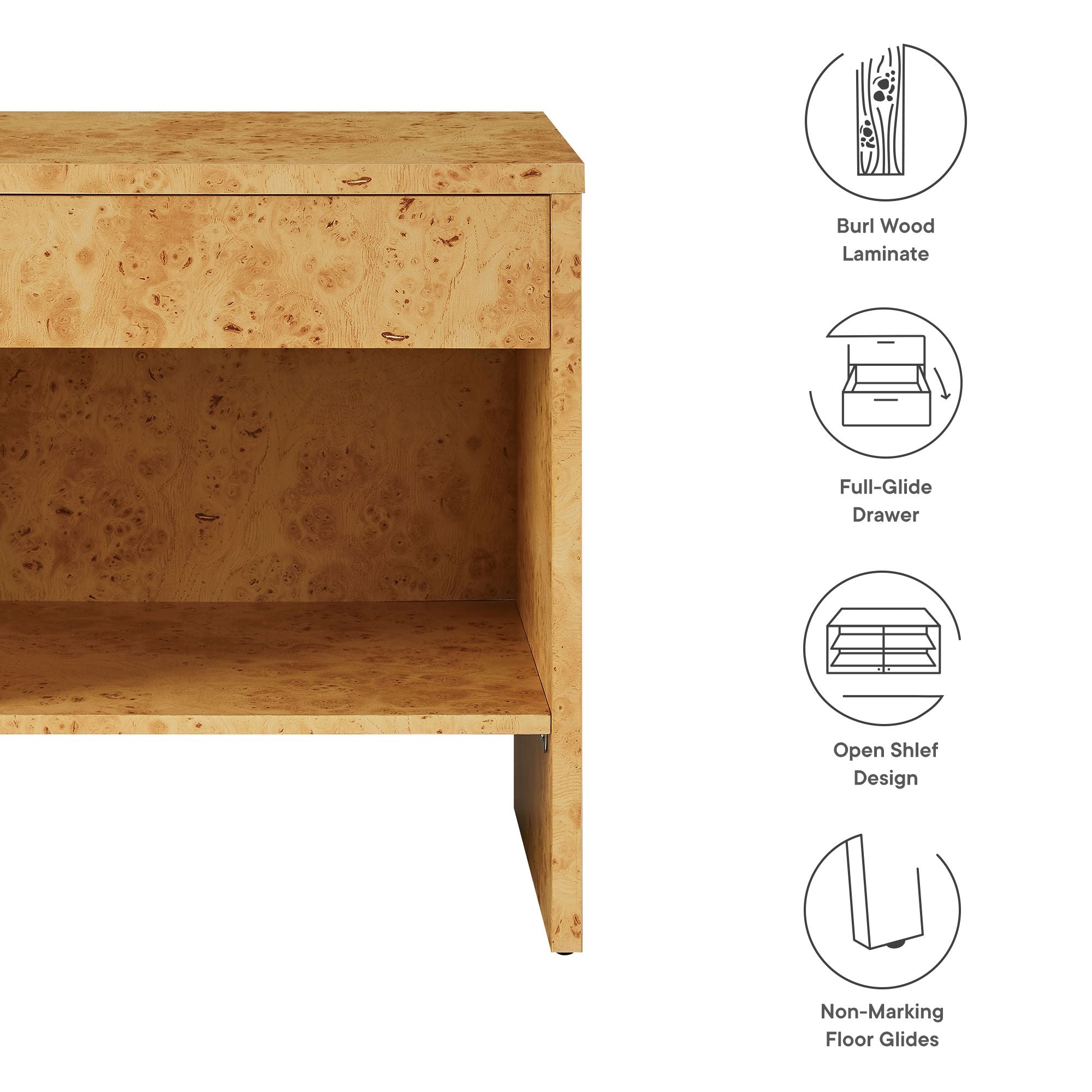 Hudson 1-Drawer Burl Wood Nightstand With Shelf, Natural