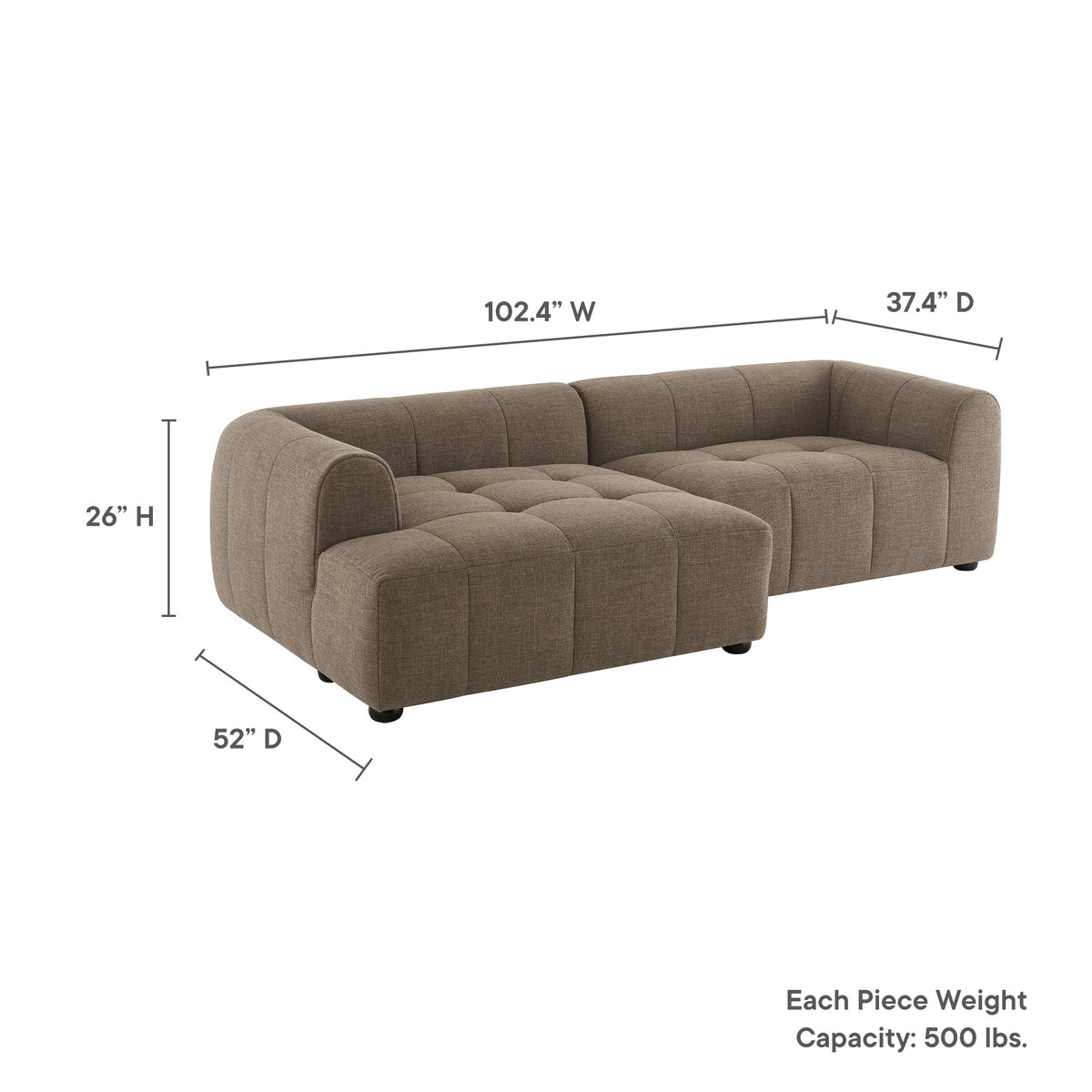 Liana Left-Facing Upholstered Fabric Modular Sofa with Chaise, Mocha