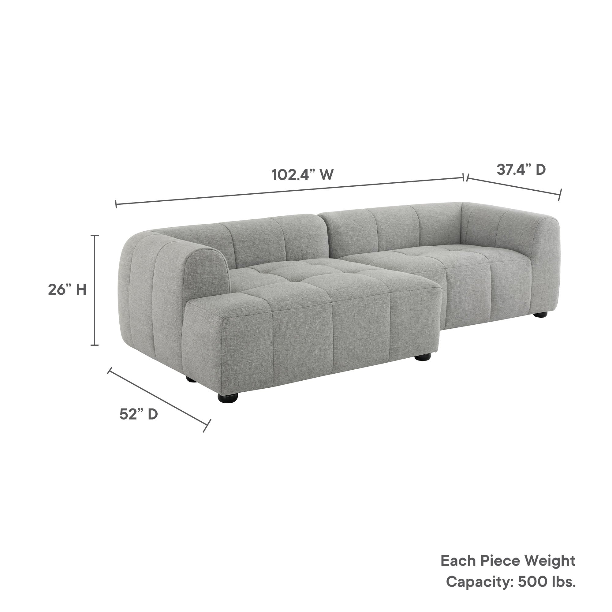 Liana Left-Facing Upholstered Fabric Modular Sofa with Chaise, Pewter