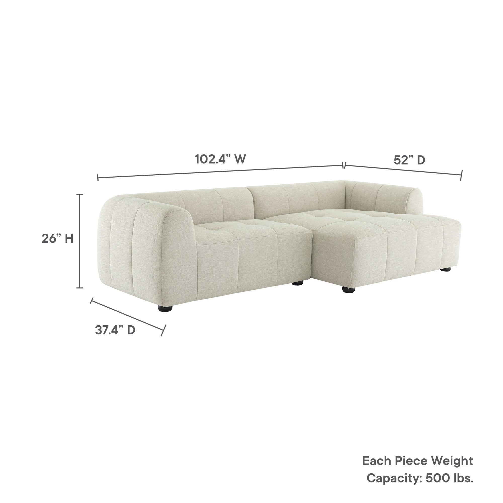Liana Right-Facing Upholstered Fabric Modular Sofa with Chaise, Linen