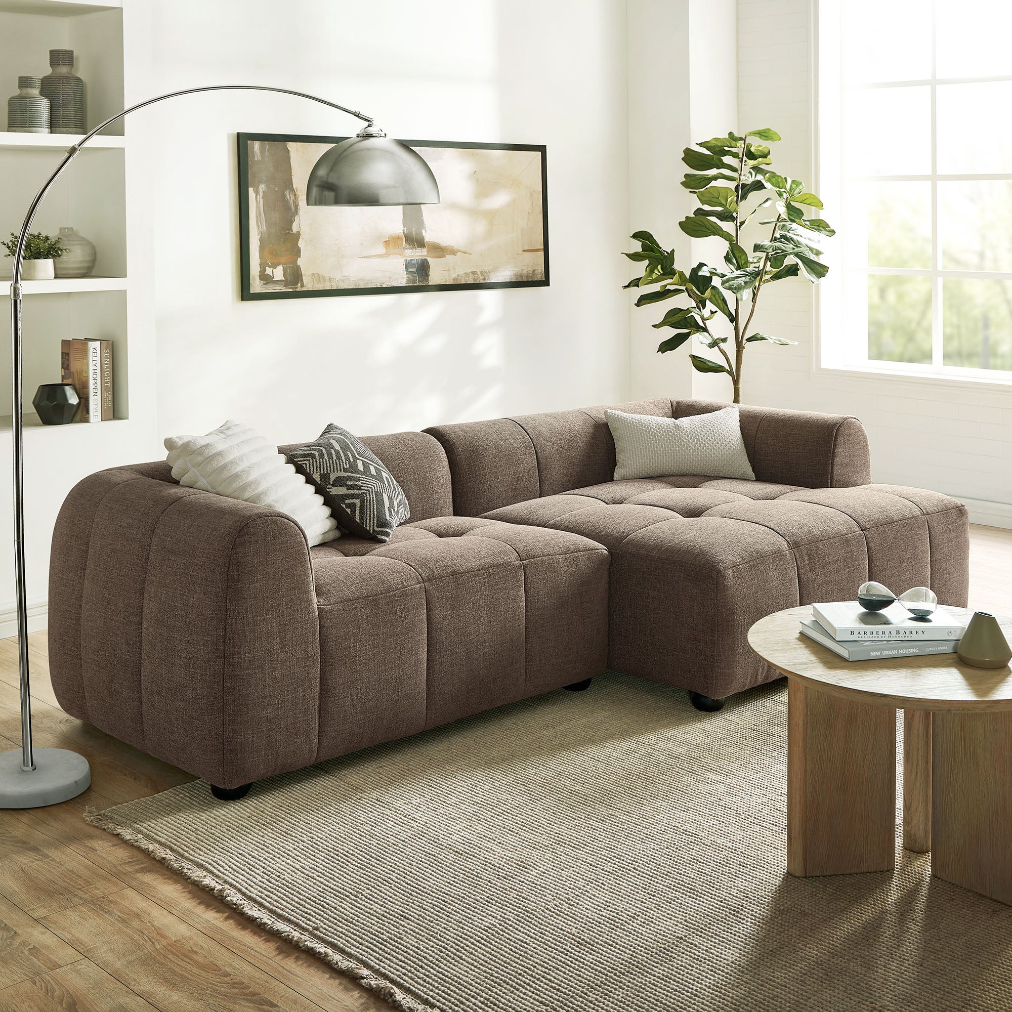 Liana Right-Facing Upholstered Fabric Modular Sofa with Chaise, Mocha