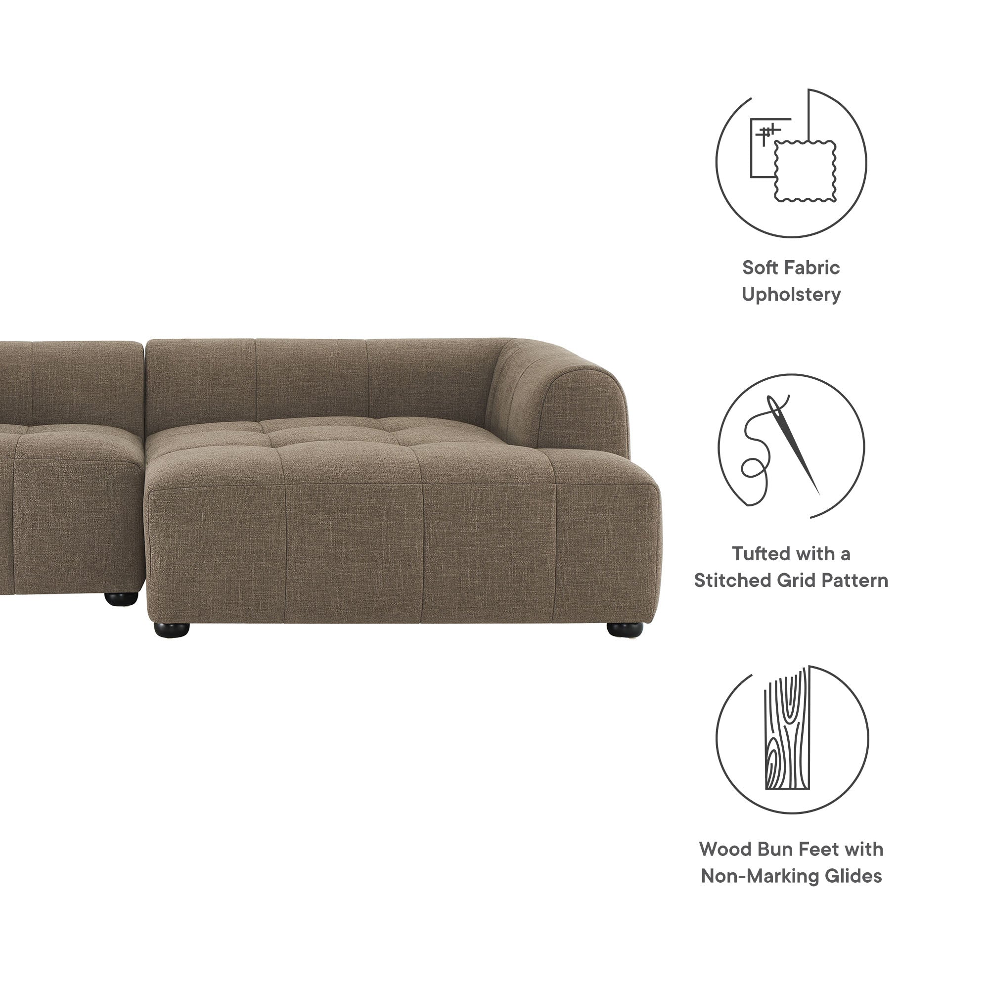 Liana Right-Facing Upholstered Fabric Modular Sofa with Chaise, Mocha