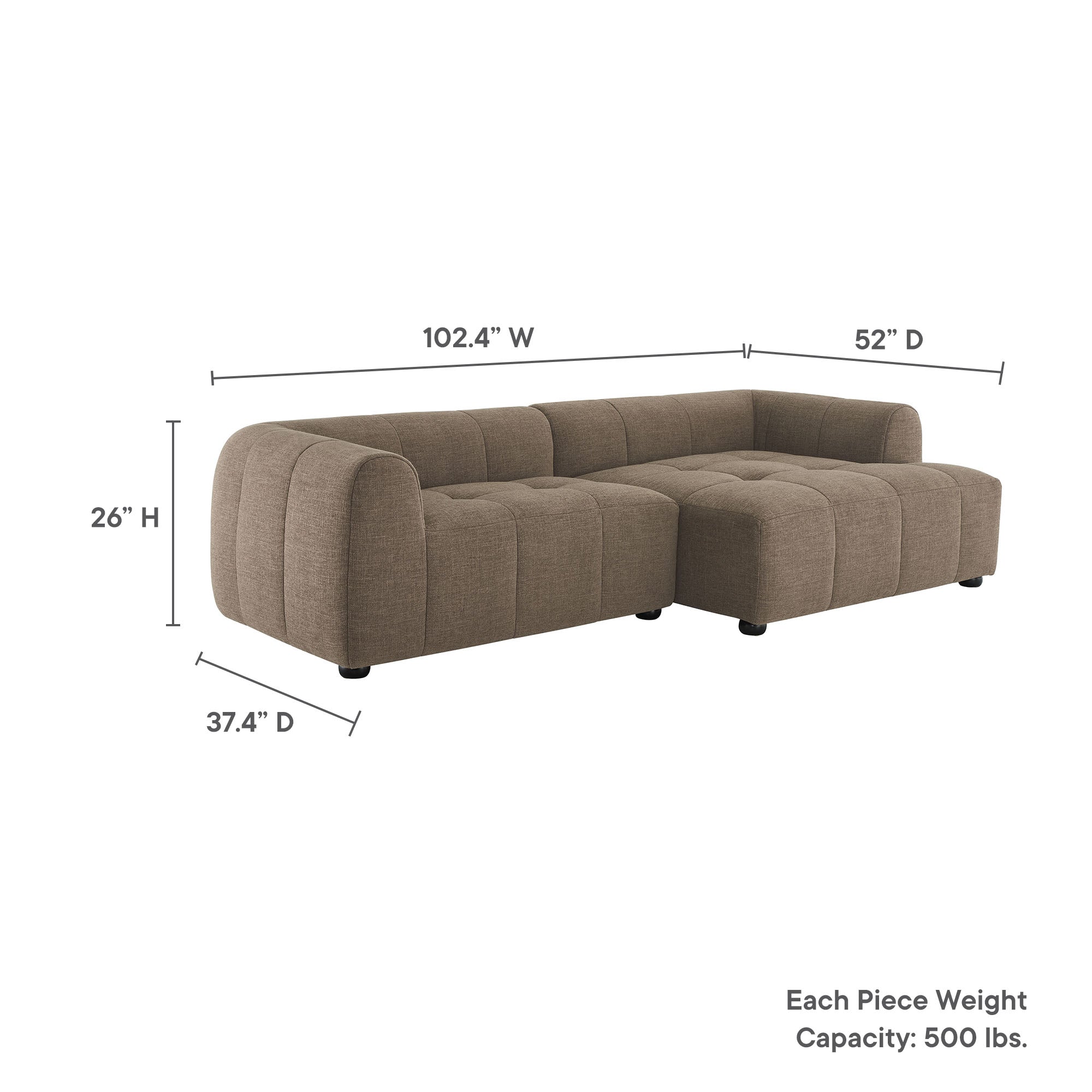 Liana Right-Facing Upholstered Fabric Modular Sofa with Chaise, Mocha