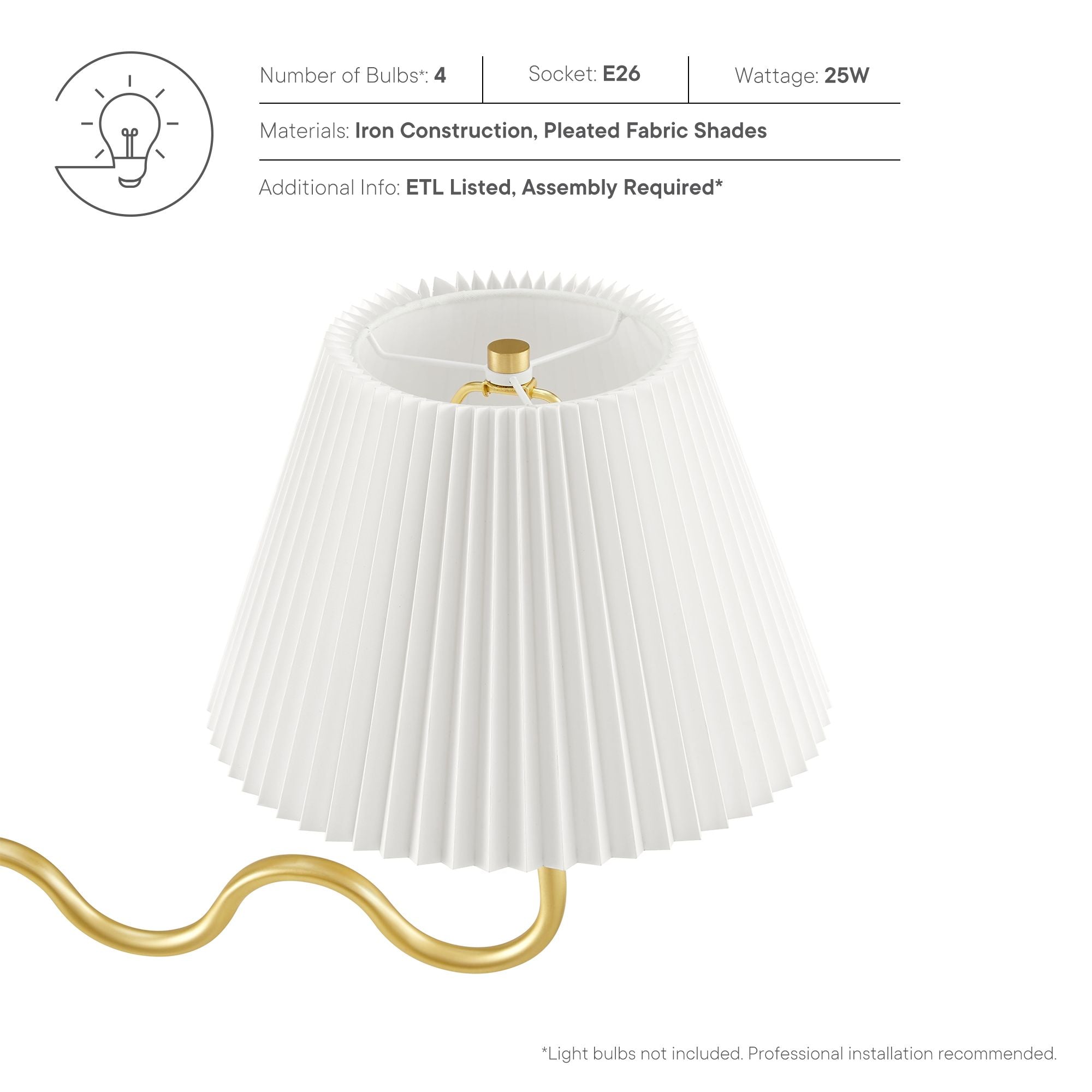 Wave Squiggle 4-Arm Pendant Light, Brass