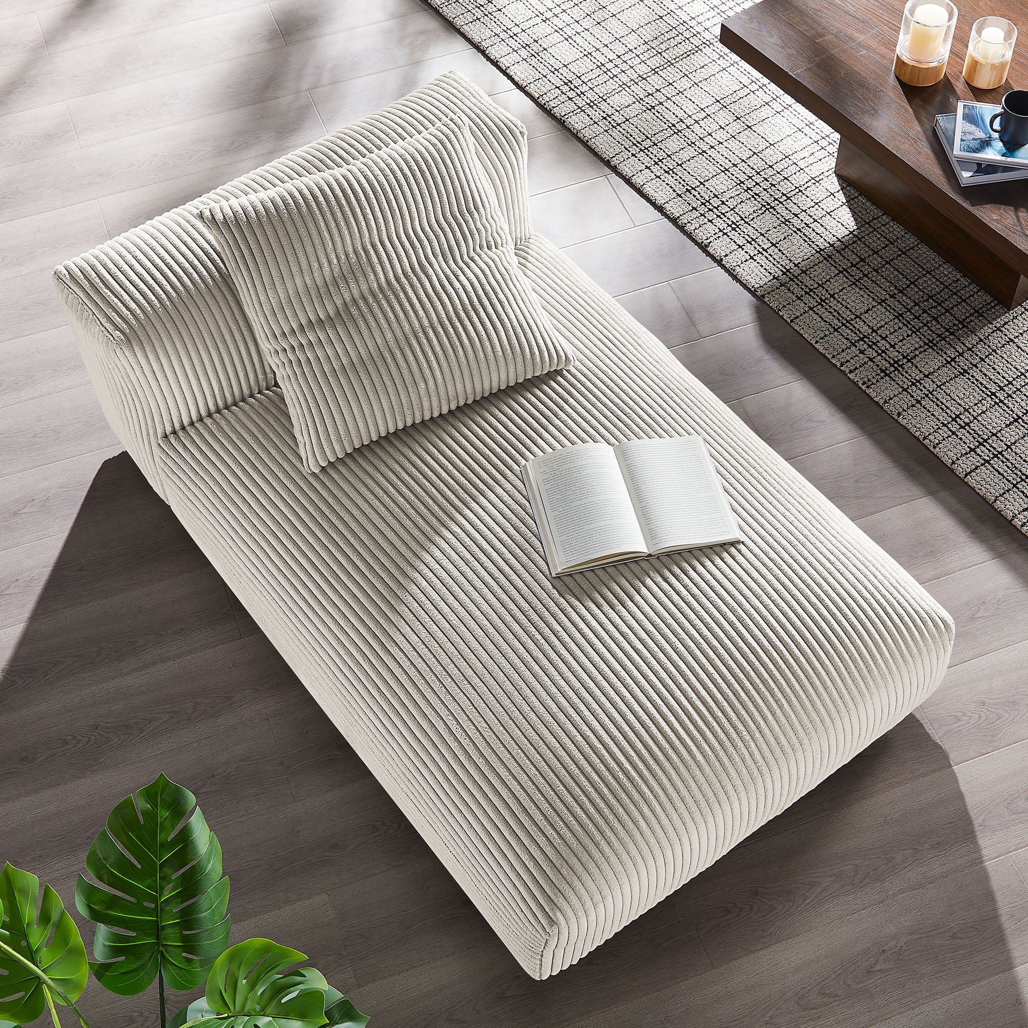 Solace Modular Corduroy Upholstered Armless Chaise Lounge, Almond