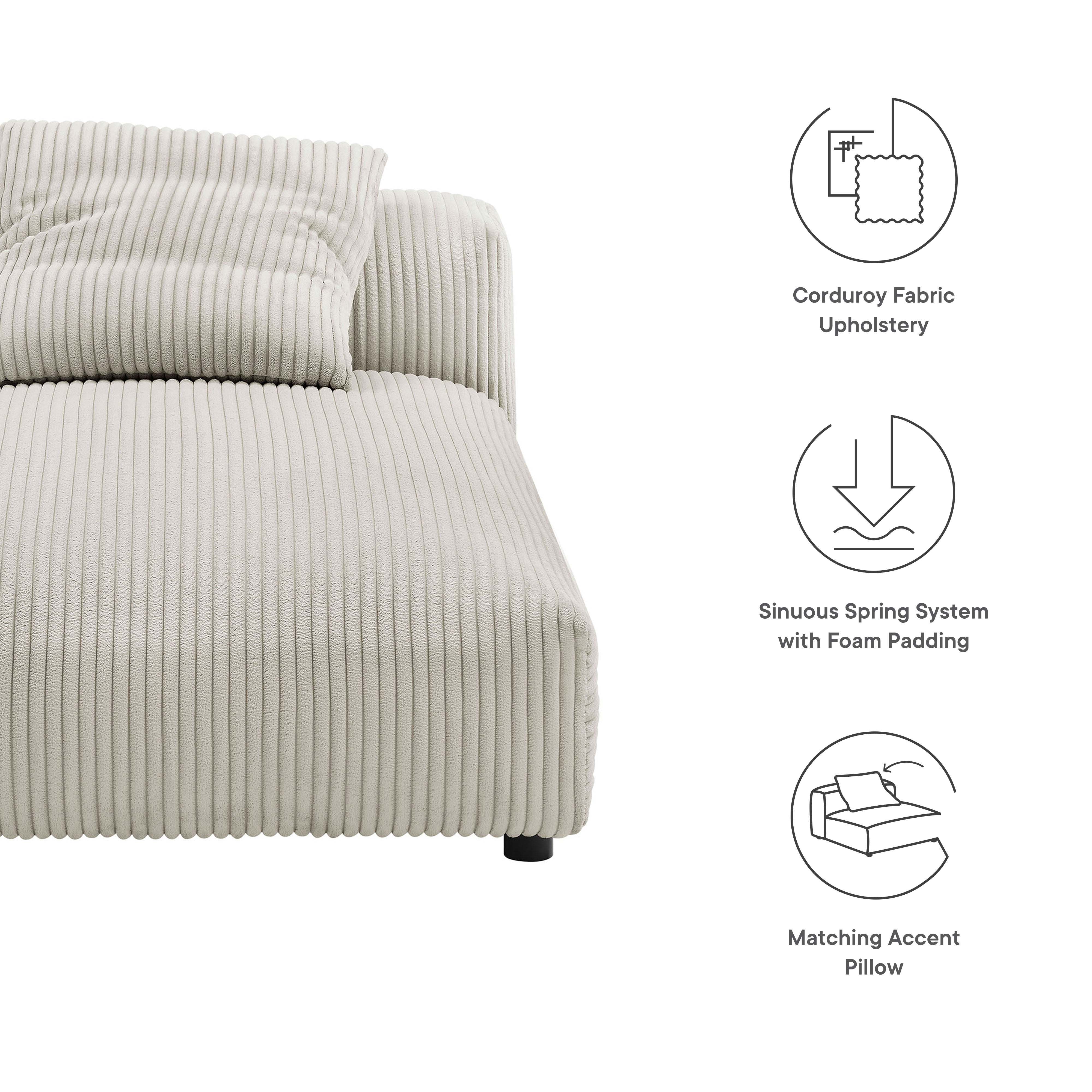 Solace Modular Corduroy Upholstered Armless Chaise Lounge, Almond