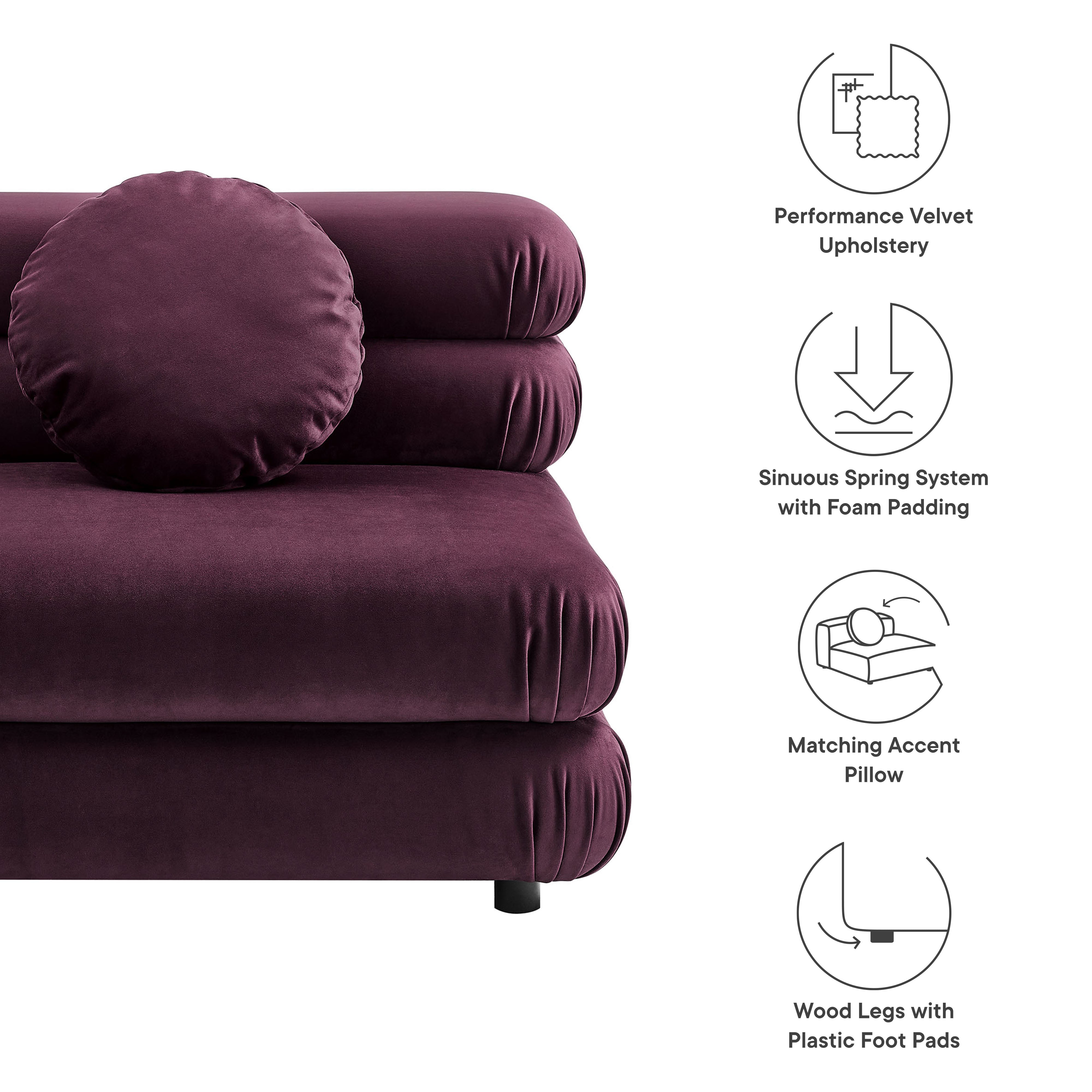 Jubilee Modular Performance Velvet Armless Chair, Mulberry