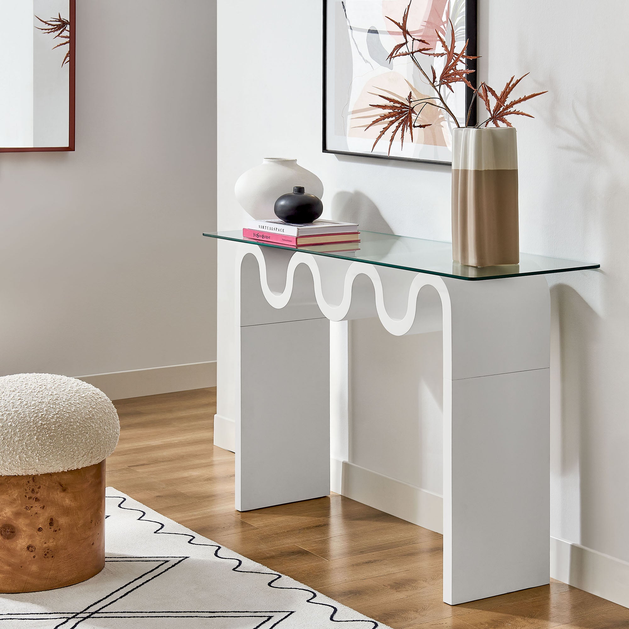 Ondine Glass Top 50" Console Table, White