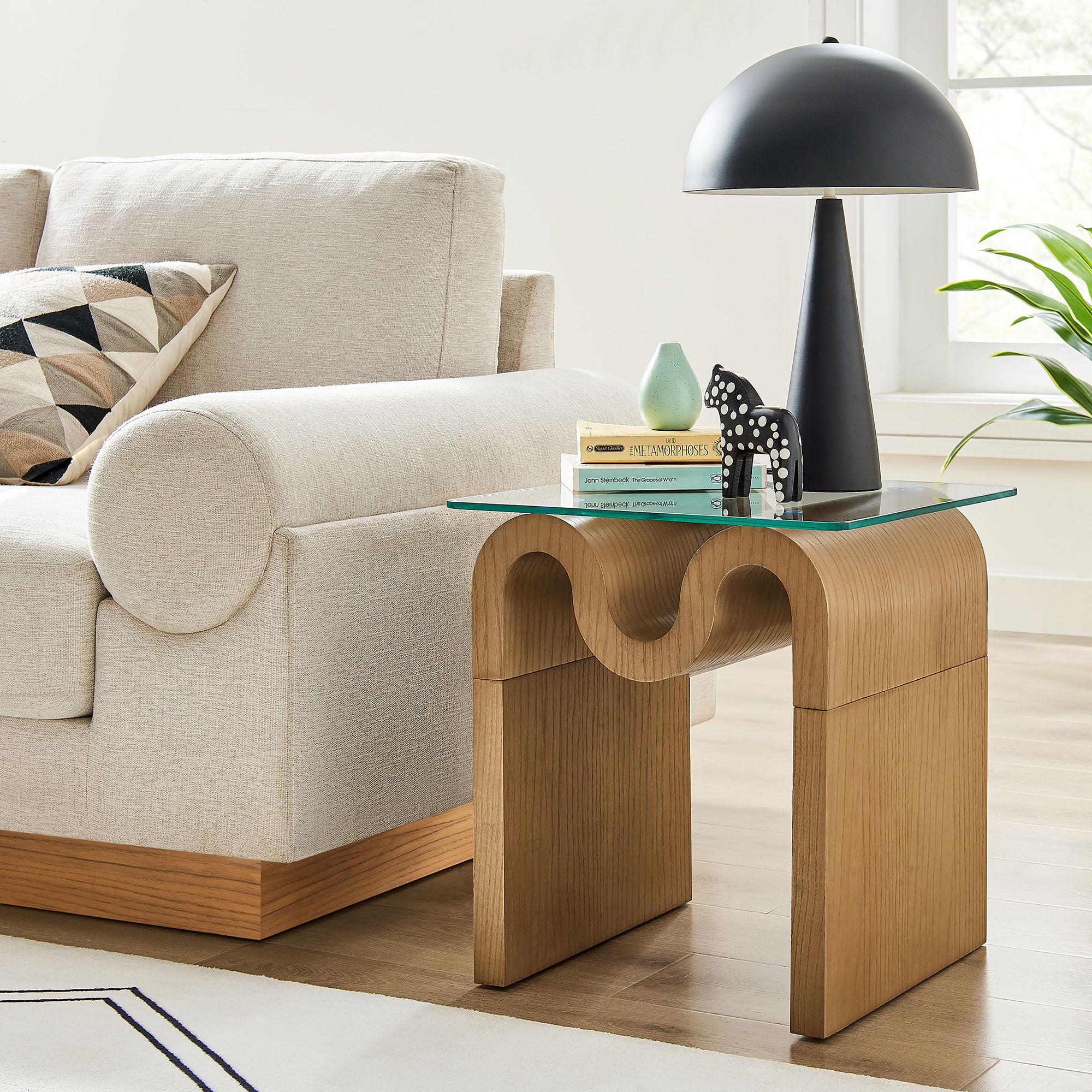 Ondine Glass Top Side Table, Natural