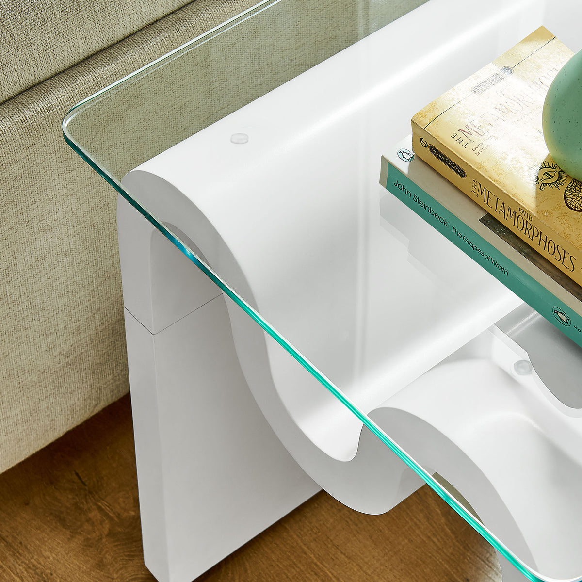 Ondine Glass Top Side Table, White
