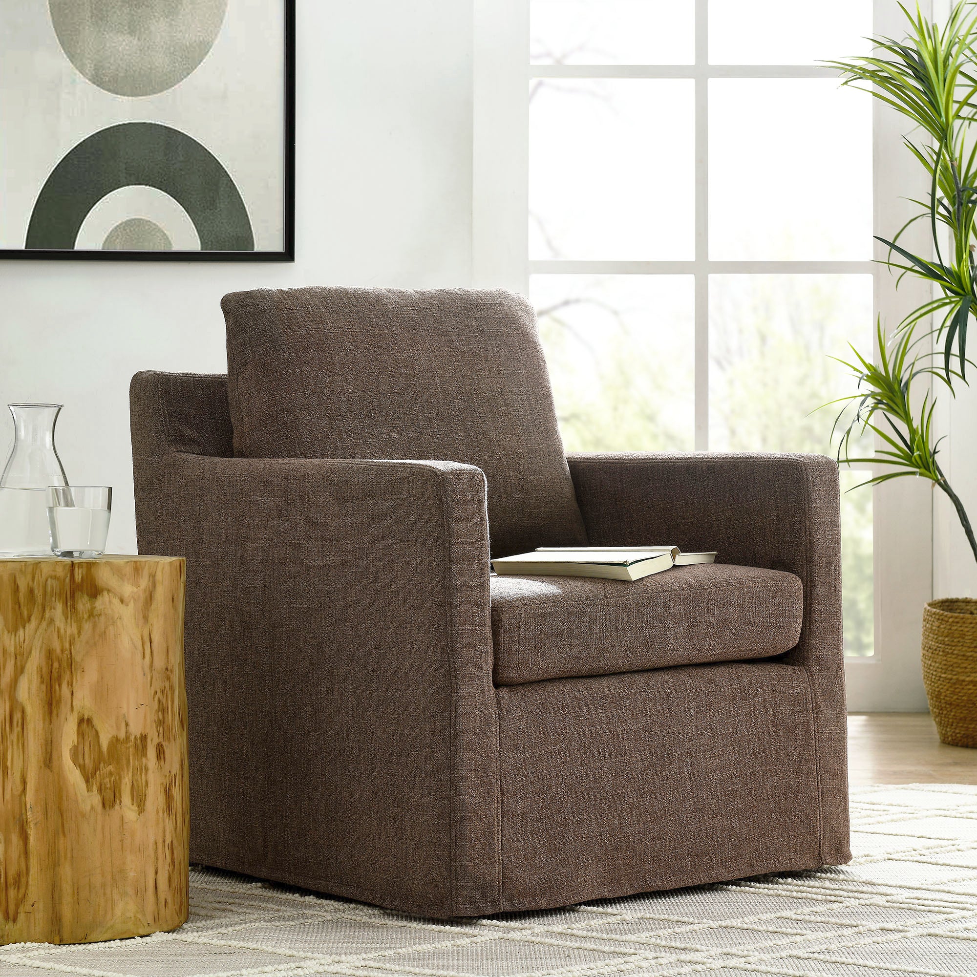 Serene Fabric Slipcovered Swivel Armchair, Mocha