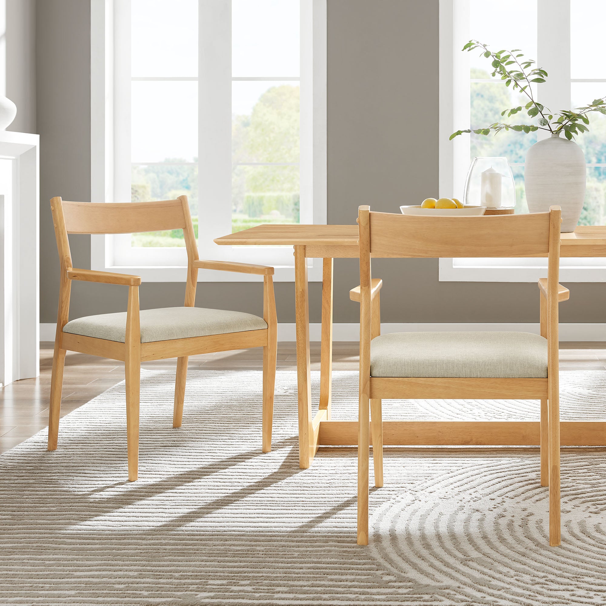 Solara Fabric Wood Dining Armchairs Set of 2, Natural Heathered Weave Beige