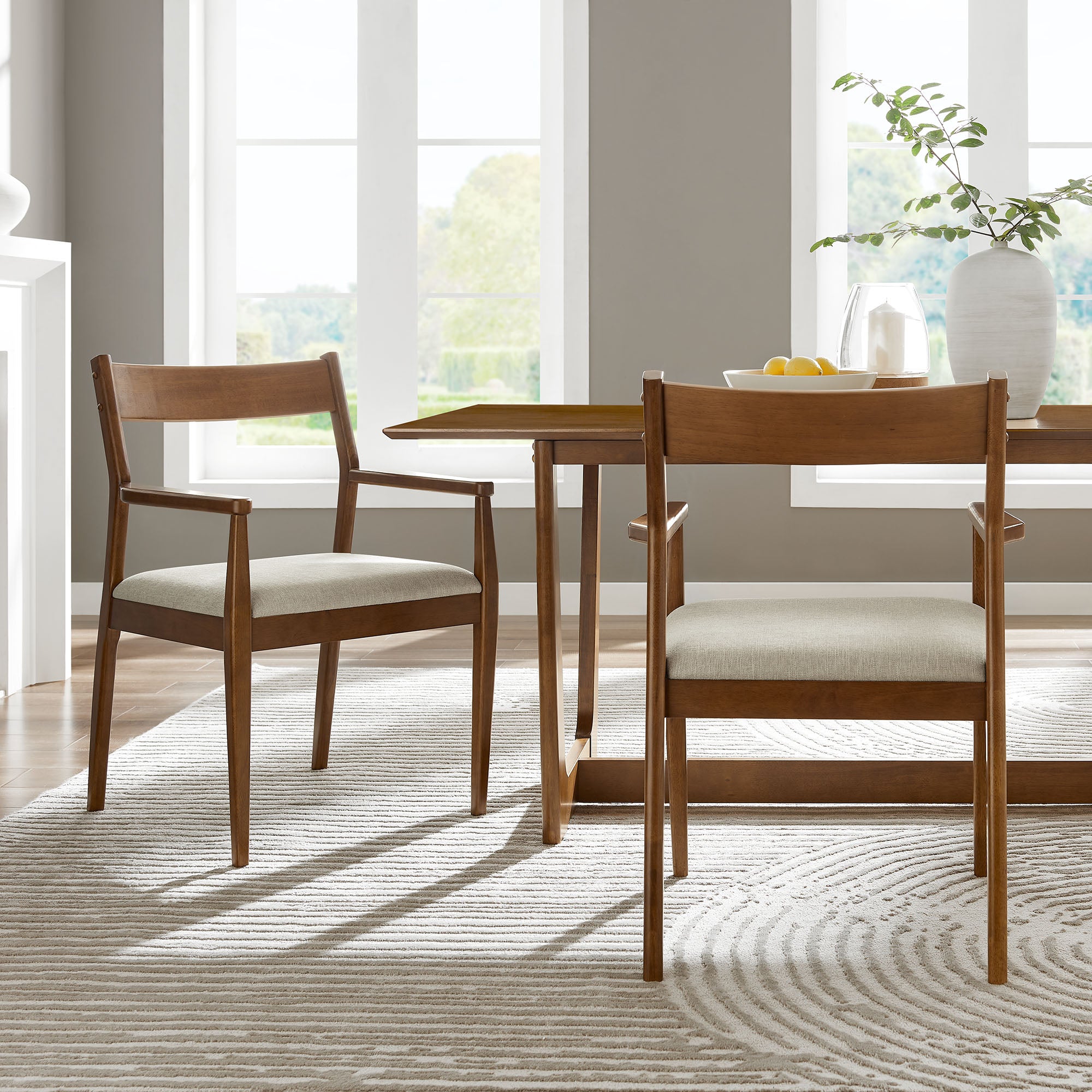 Solara Fabric Wood Dining Armchairs Set of 2, Walnut Heathered Weave Beige