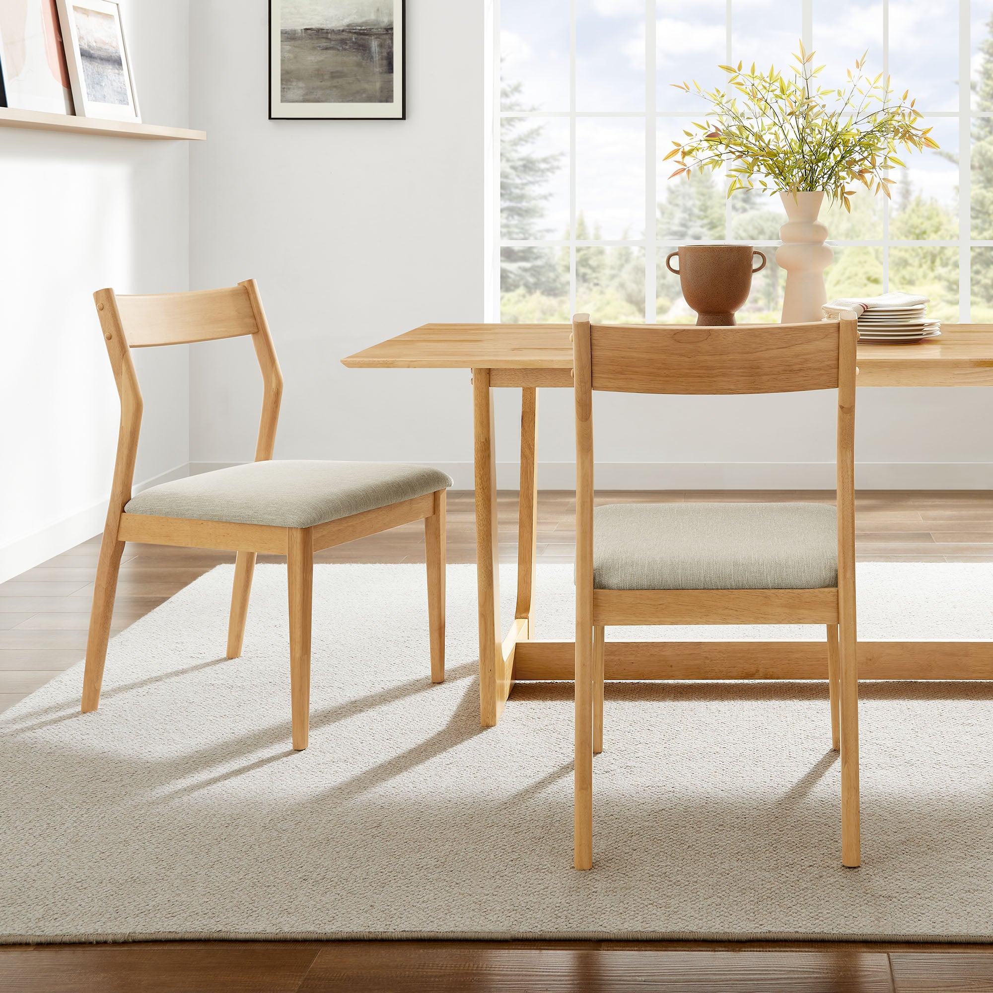 Solara Fabric Wood Dining Side Chairs Set of 2, Natural Heathered Weave Beige