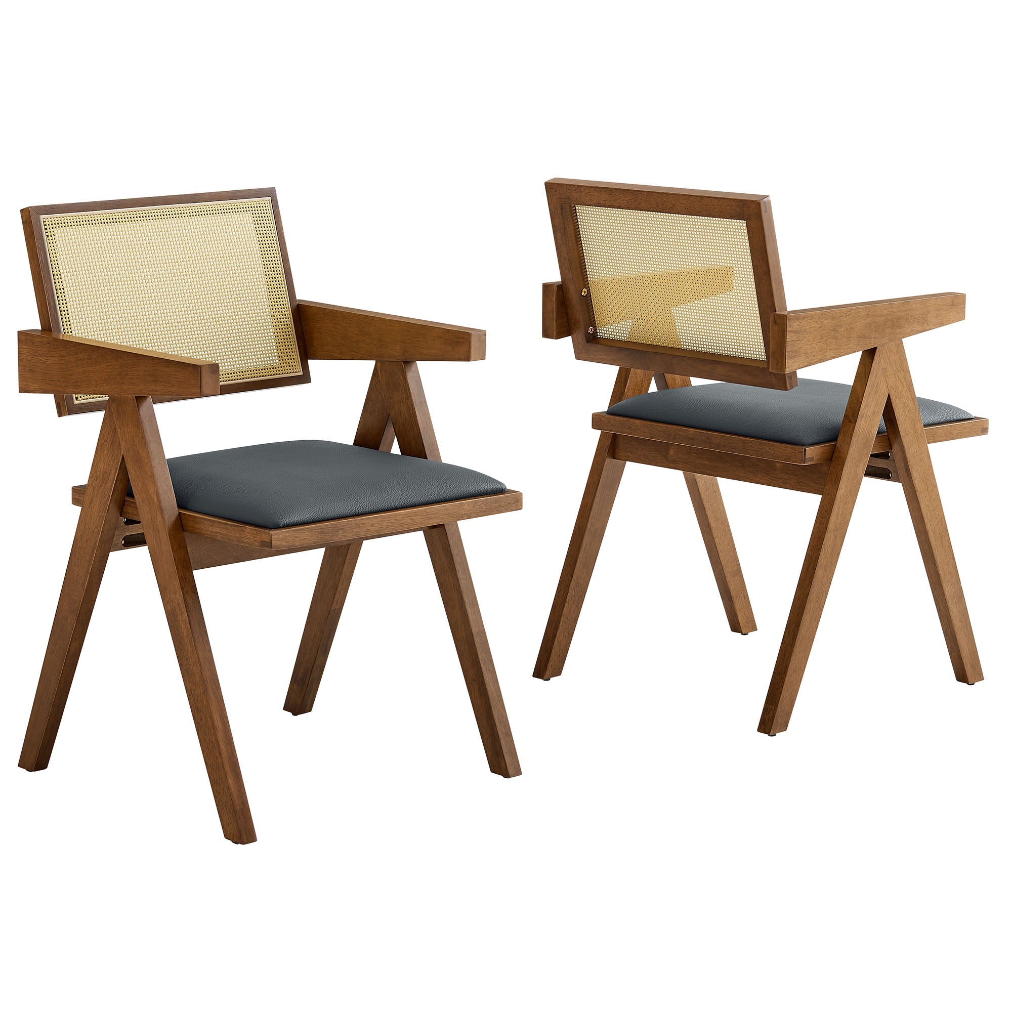 Thera Vegan Leather Cane Dining Armchairs Set of 2, Walnut Black