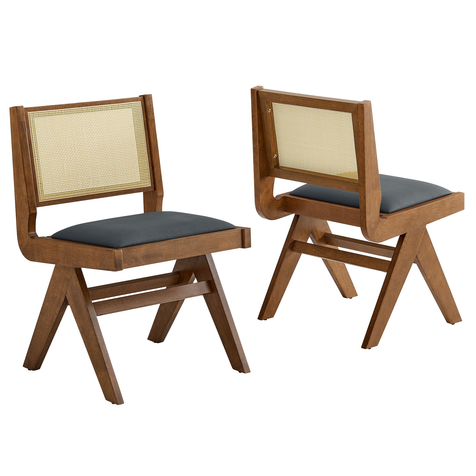 Thera Vegan Leather and Cane Dining Side Chairs Set of 2, Walnut Black