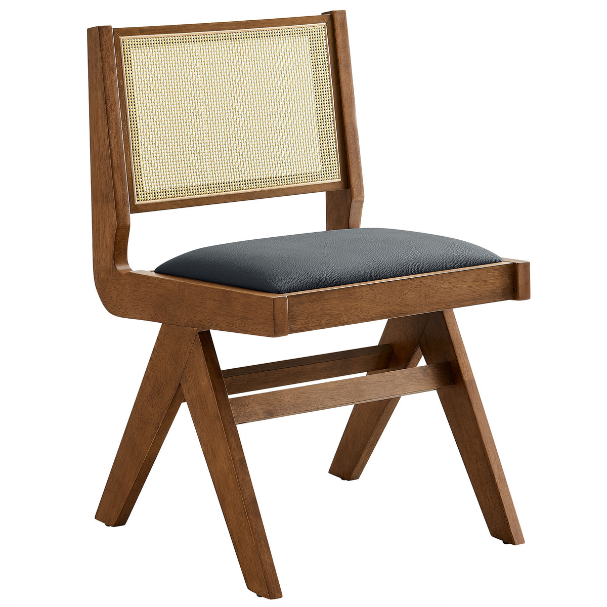Thera Vegan Leather and Cane Dining Side Chairs Set of 2, Walnut Black