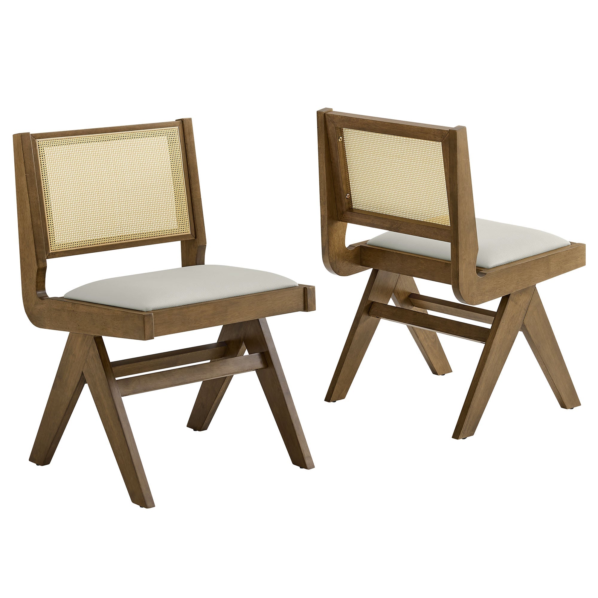 Thera Vegan Leather and Cane Dining Side Chairs Set of 2, Weathered Oak Stone