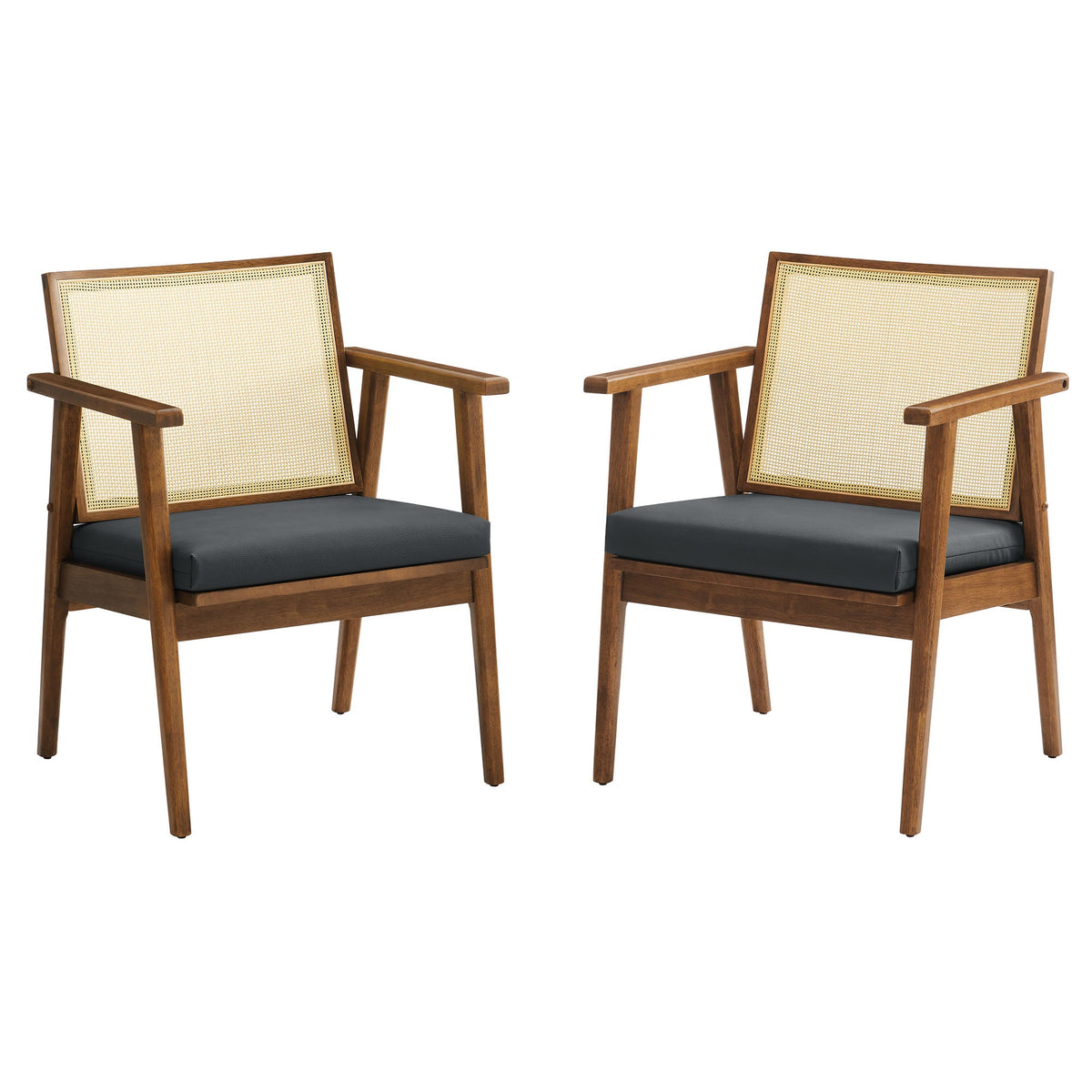 Thera Vegan Leather and Cane Accent Armchairs Set of 2, Walnut Black