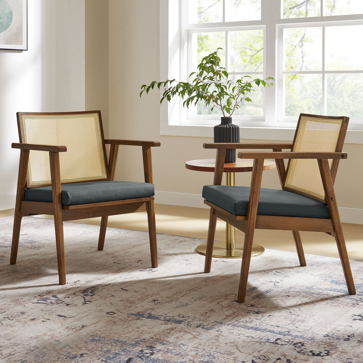 Thera Vegan Leather and Cane Accent Armchairs Set of 2, Walnut Black