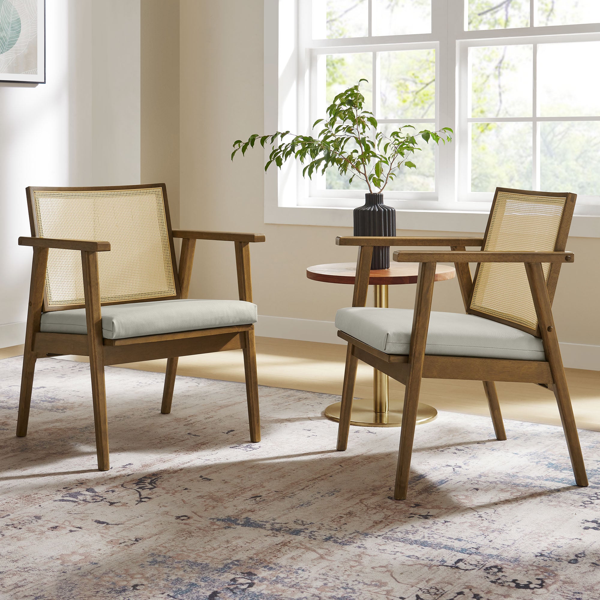 Thera Vegan Leather and Cane Accent Armchairs Set of 2, Weathered Oak Stone