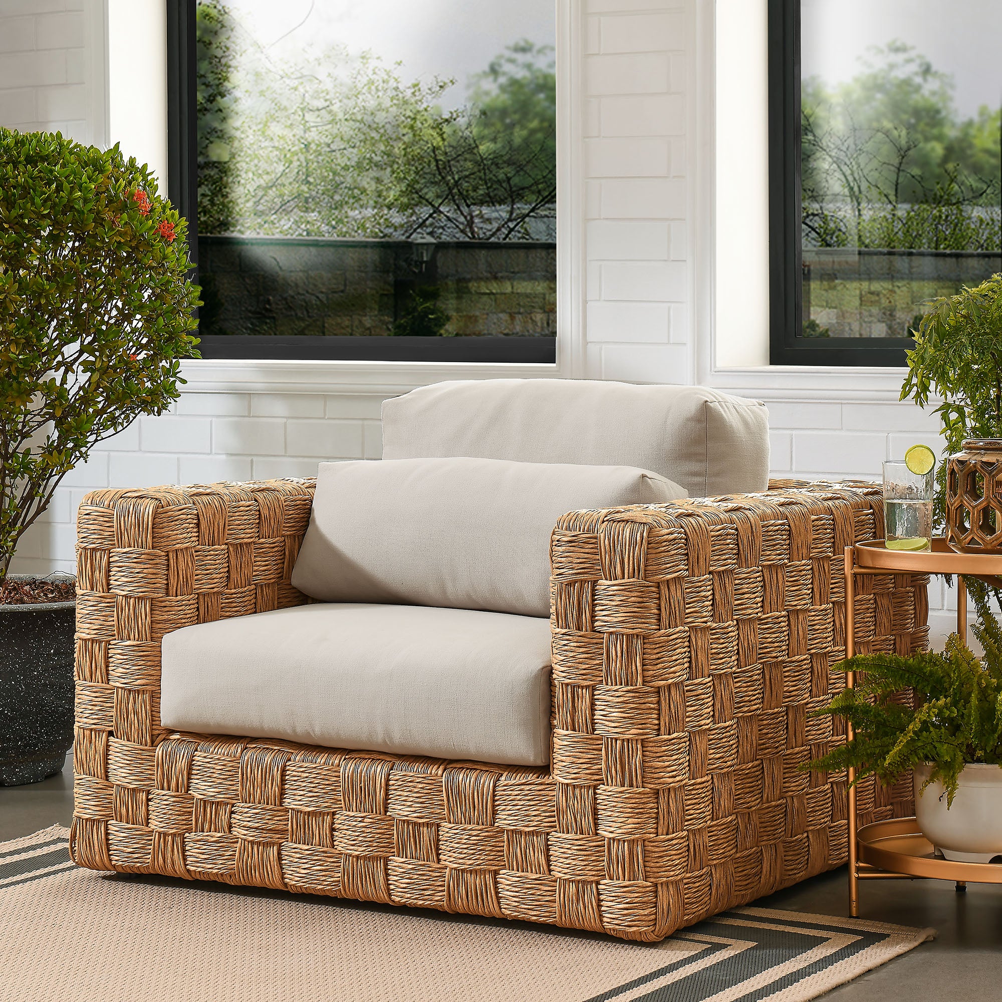 Thames Outdoor Patio Wicker Outdoor Patio Rattan Armchair, Natural Light Gray