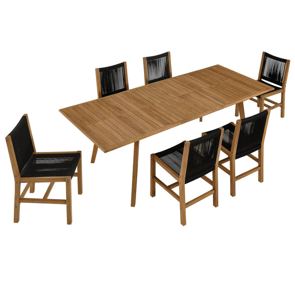 Vienna 7-Piece Outdoor Patio Teak and Rope Dining Set with Armless Chairs, Natural Black