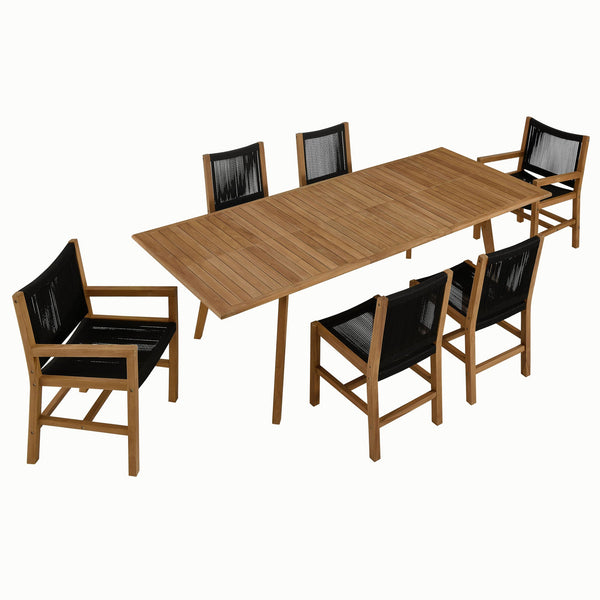 Vienna 7-Piece Outdoor Patio Teak and Rope Dining Set, Natural Black
