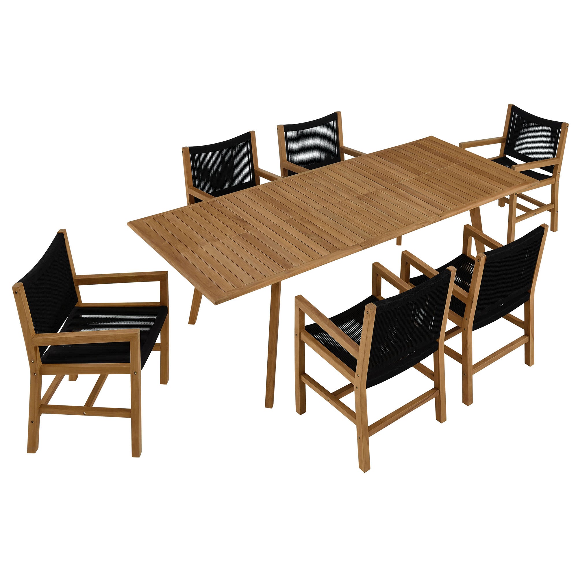 Vienna 7-Piece Outdoor Patio Teak and Rope Dining Set with Armchairs, Natural Black