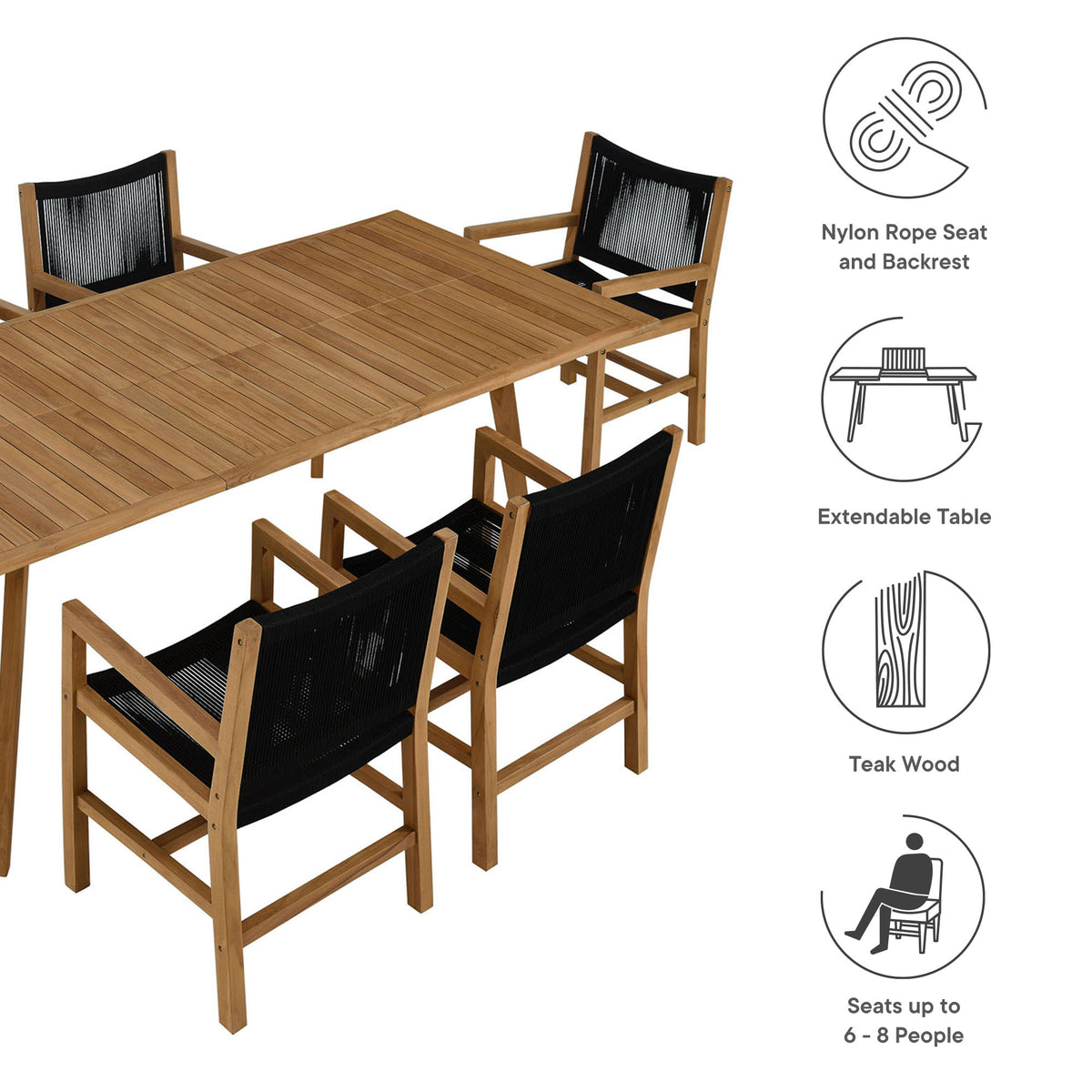 Vienna 7-Piece Outdoor Patio Teak and Rope Dining Set with Armchairs, Natural Black