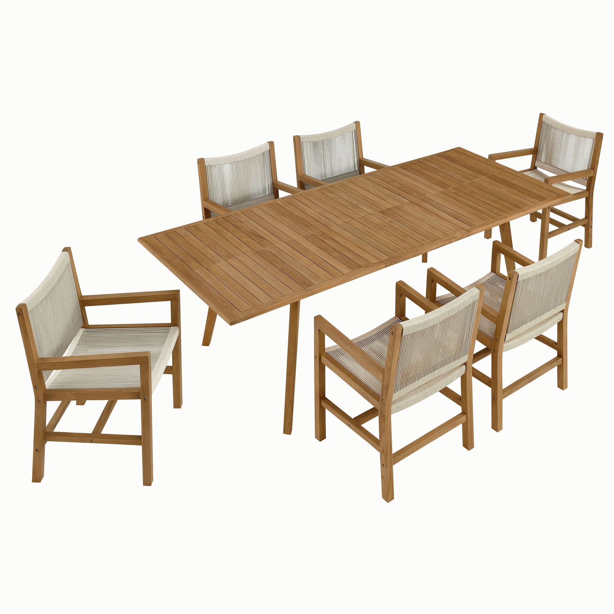 Vienna 7-Piece Outdoor Patio Teak and Rope Dining Set with Armchairs, Natural Natural