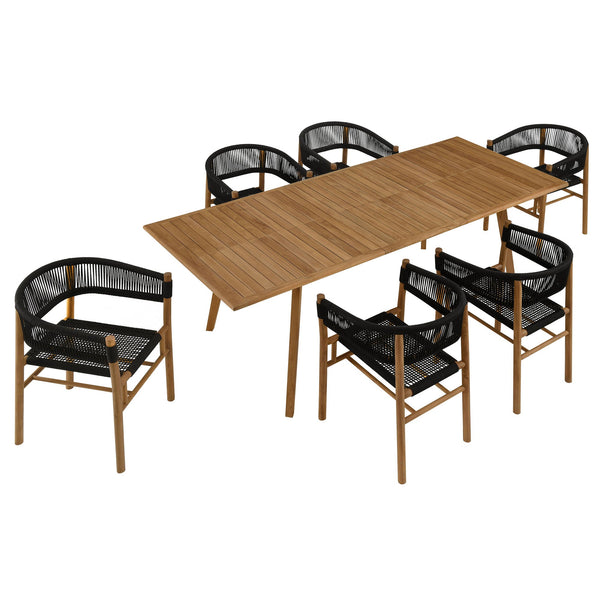 Vienna 7-Piece Outdoor Patio Teak and Rope Dining Set with Curved-Back Armchairs, Natural Black
