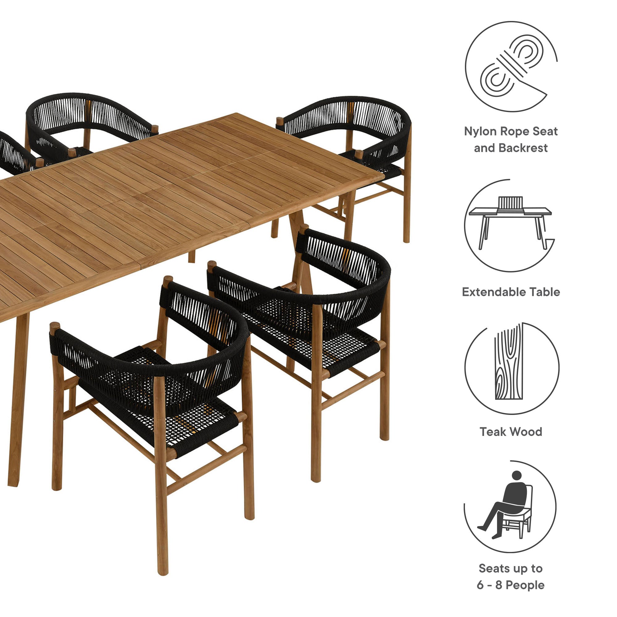 Vienna 7-Piece Outdoor Patio Teak and Rope Dining Set with Curved-Back Armchairs, Natural Black