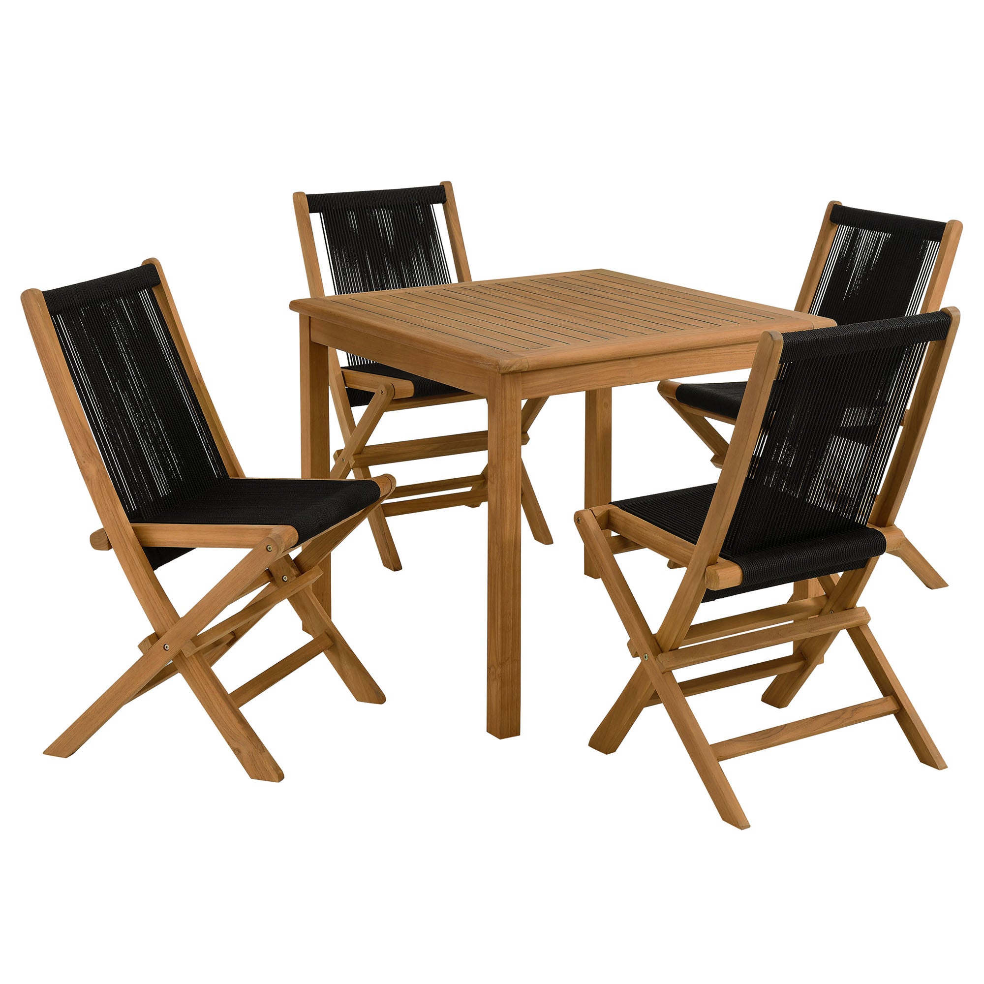 Vienna 5-Piece Outdoor Patio Teak Wood Dining Set with Rope Folding Chairs, Natural Black