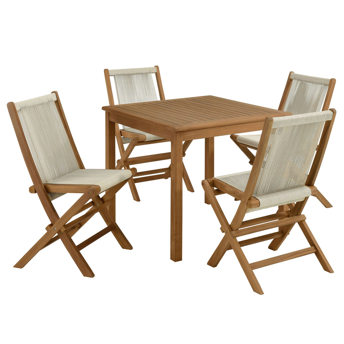 Vienna 5-Piece Outdoor Patio Teak Wood Dining Set with Rope Folding Chairs, Natural Natural