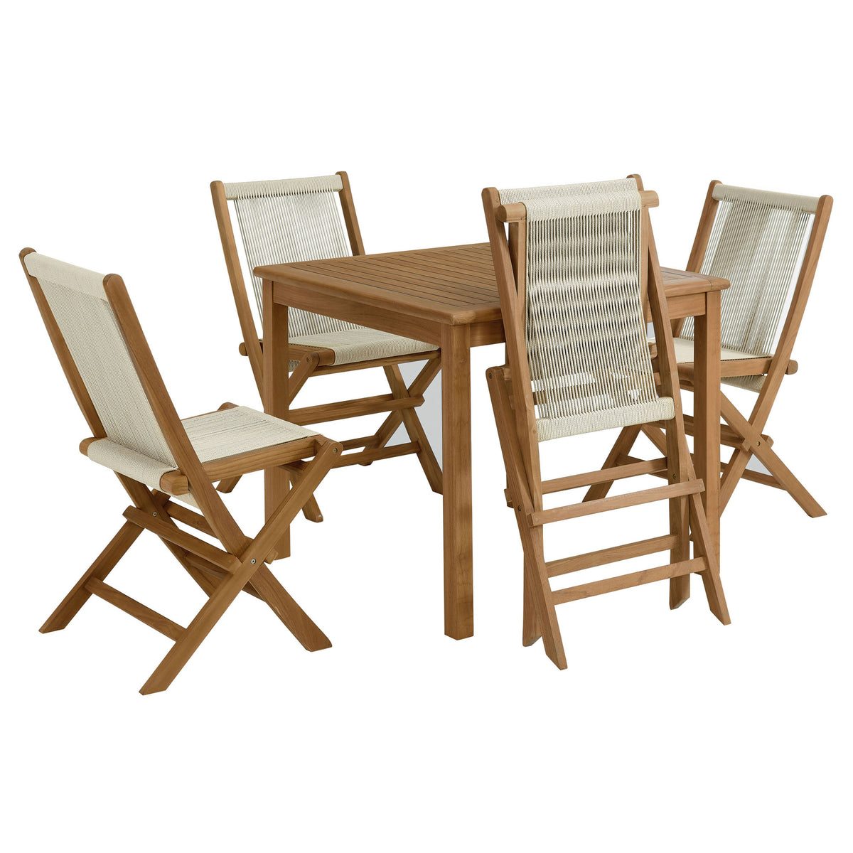 Vienna 5-Piece Outdoor Patio Teak Wood Dining Set with Rope Folding Chairs, Natural Natural