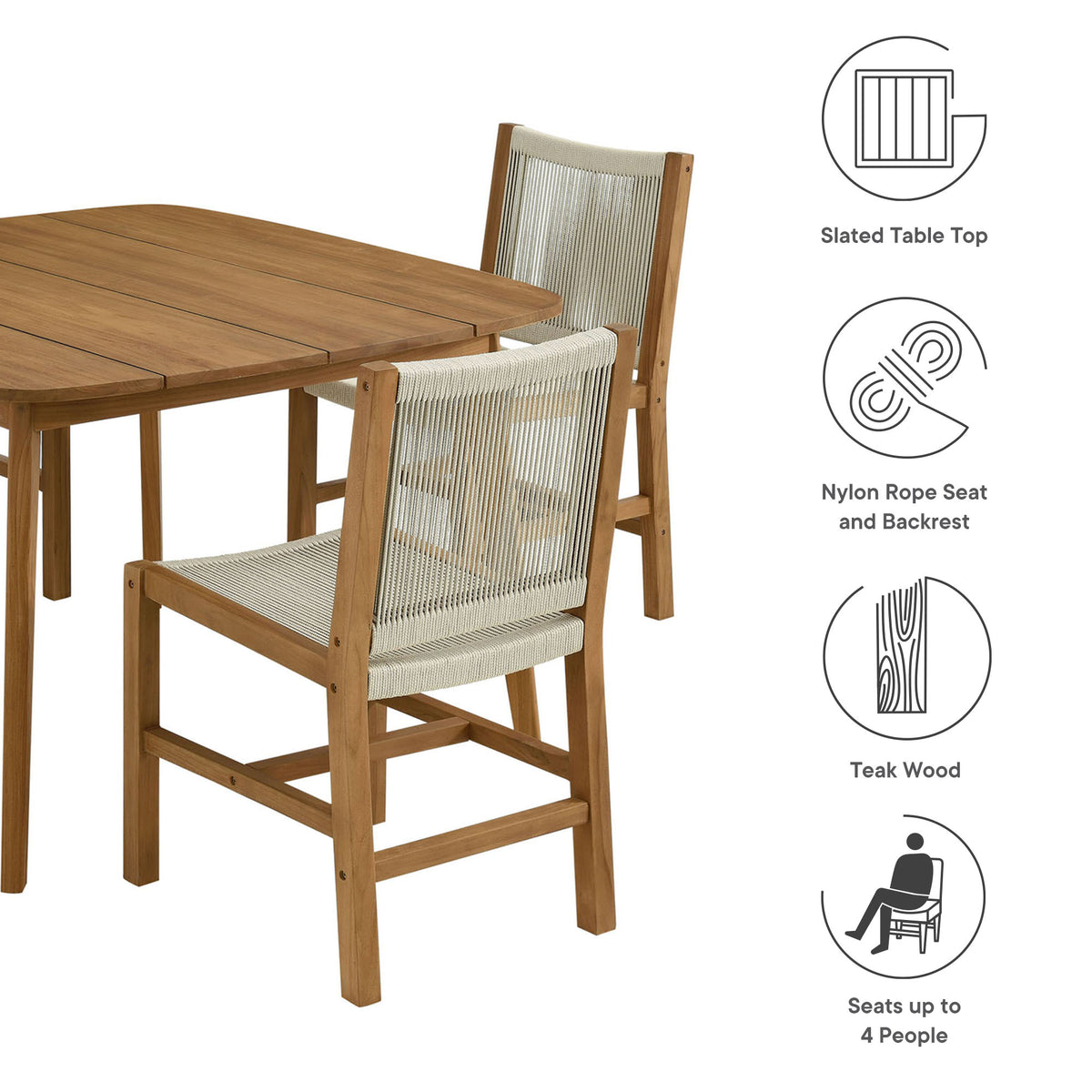 Vienna 5-Piece Outdoor Patio Teak and Rope Dining Set with Armless Chairs, Natural Natural