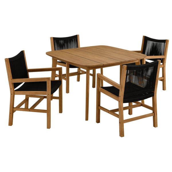 Vienna 5-Piece Outdoor Patio Teak and Rope Dining Set with Armchairs, Natural Black