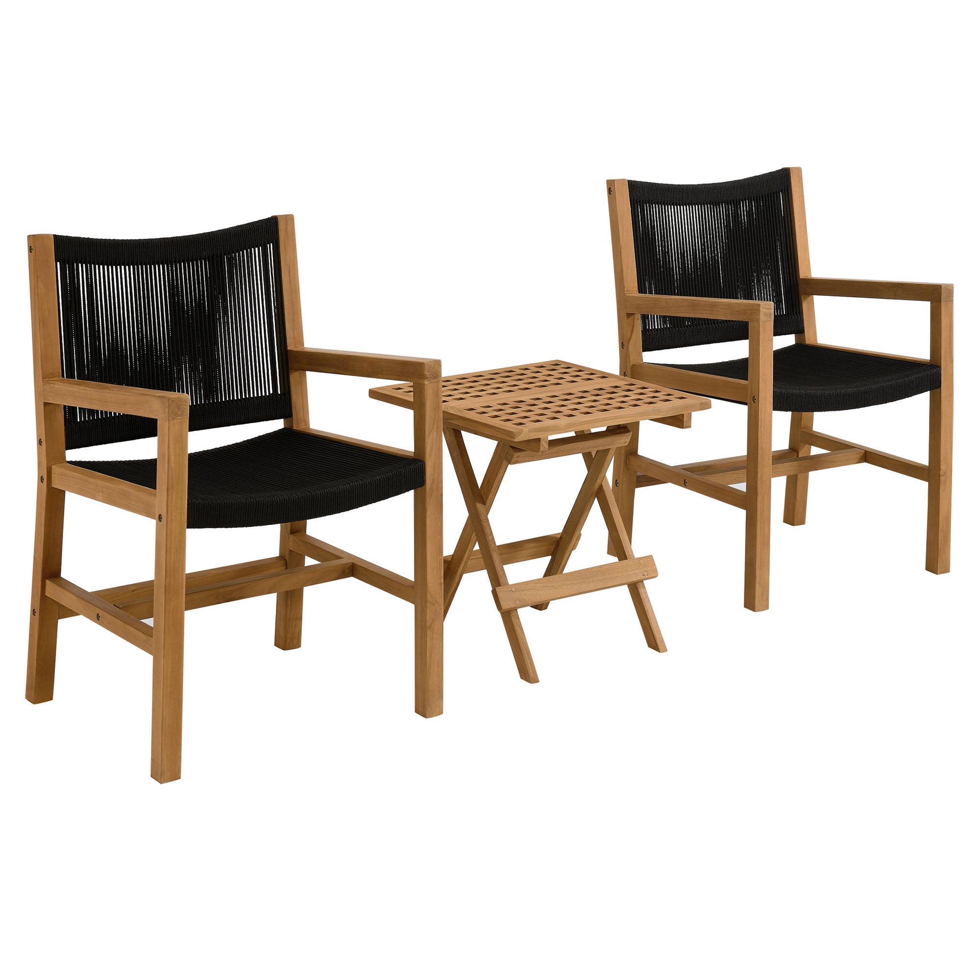 Vienna 3-Piece Outdoor Patio Teak and Rope Armchairs with Folding Side Table, Natural Black