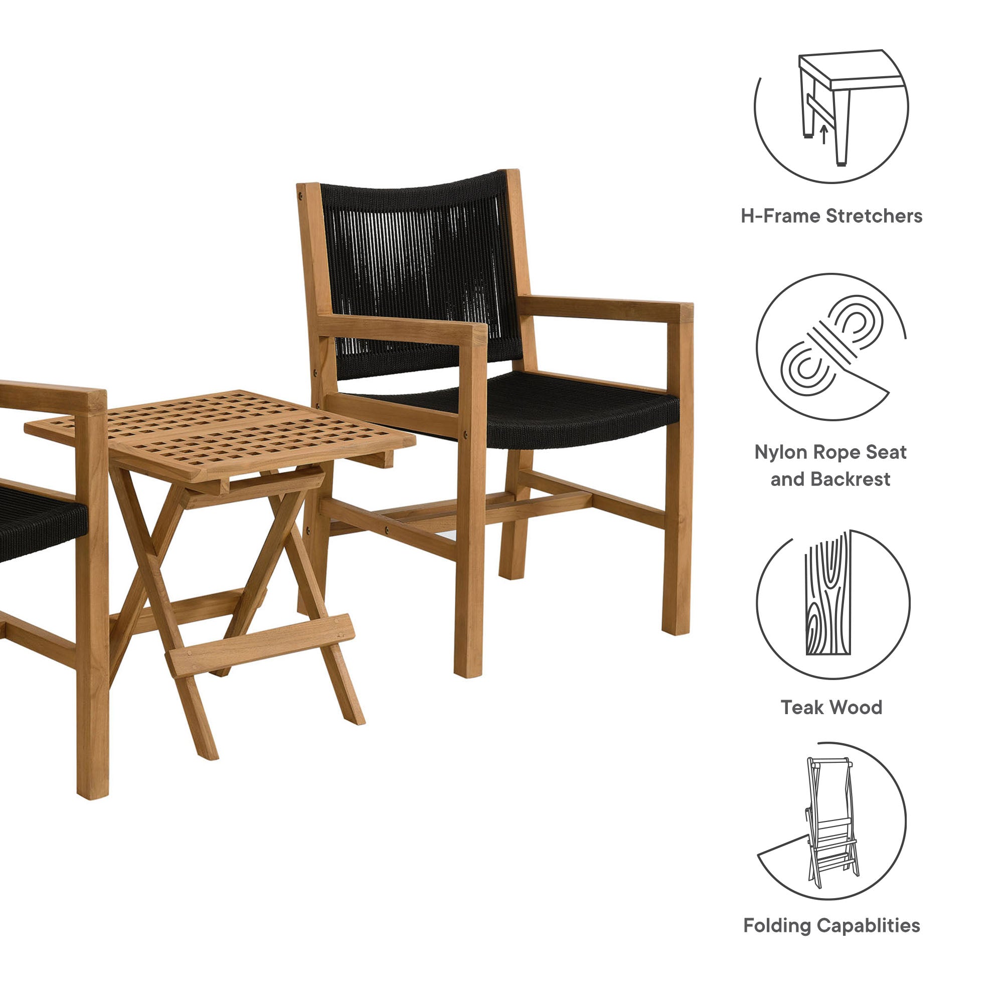Vienna 3-Piece Outdoor Patio Teak and Rope Armchairs with Folding Side Table, Natural Black