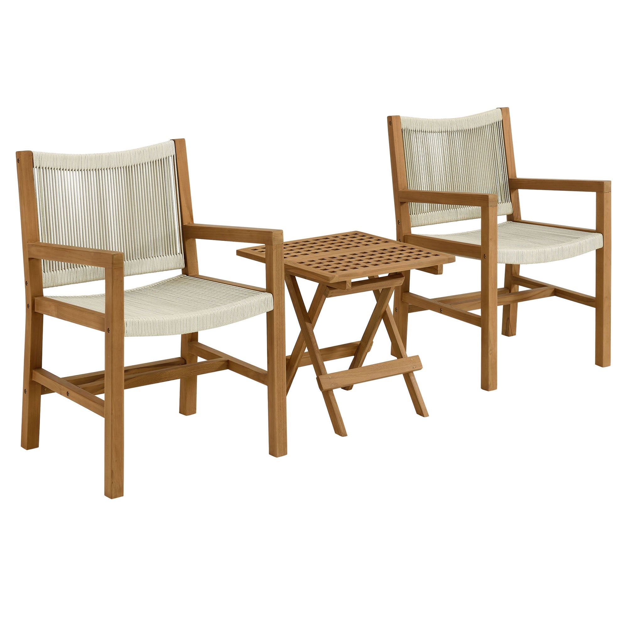 Vienna 3-Piece Outdoor Patio Teak and Rope Armchairs with Folding Side Table, Natural Natural