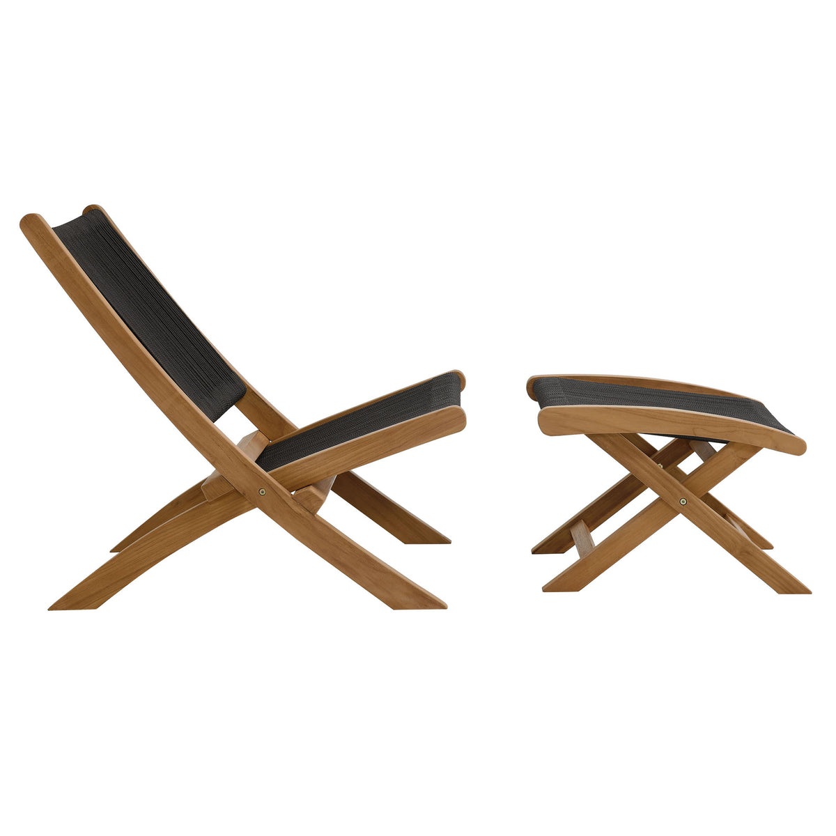 Vienna 2-Piece Outdoor Patio Teak and Rope Folding Accent Lounge Chair and Ottoman Set, Natural Black