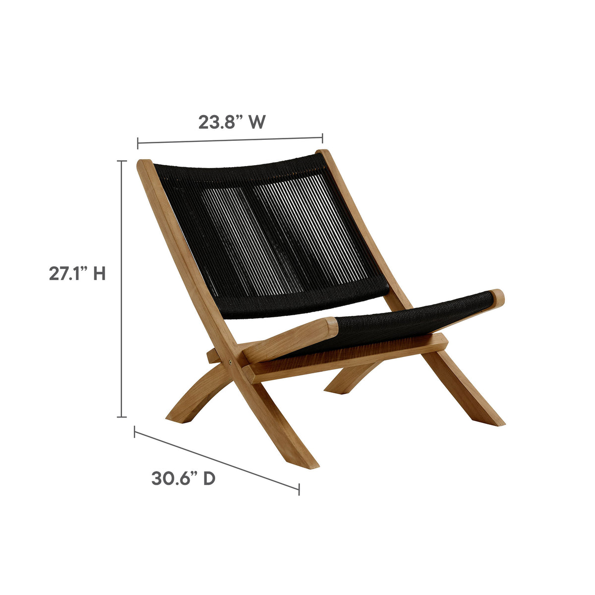 Vienna 2-Piece Outdoor Patio Teak and Rope Folding Accent Lounge Chair and Ottoman Set, Natural Black
