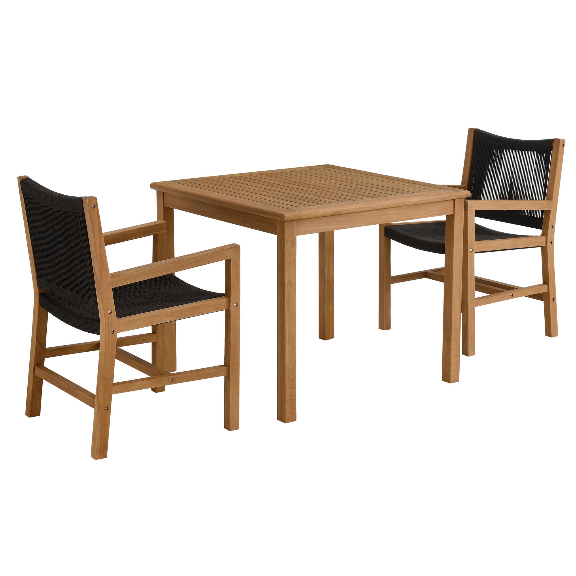 Vienna 3-Piece Outdoor Patio Teak and Rope Dining Set with Armchairs, Natural Black