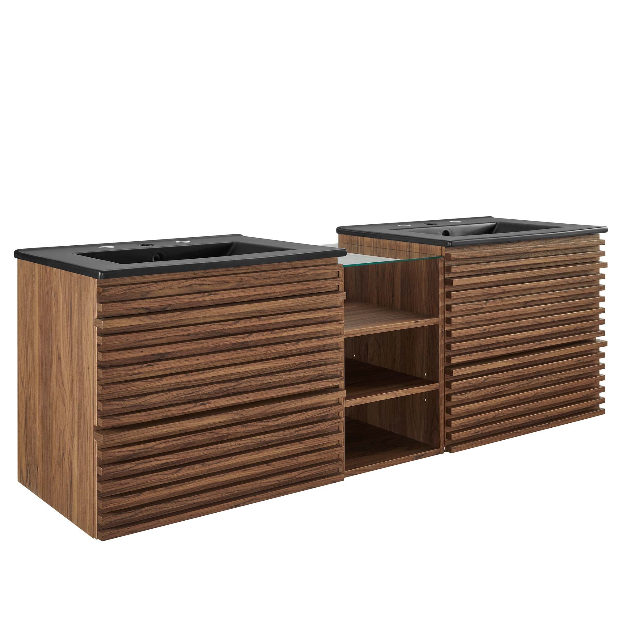Render 62" Wall-Mount Double Sink Bathroom Vanity, Walnut Black