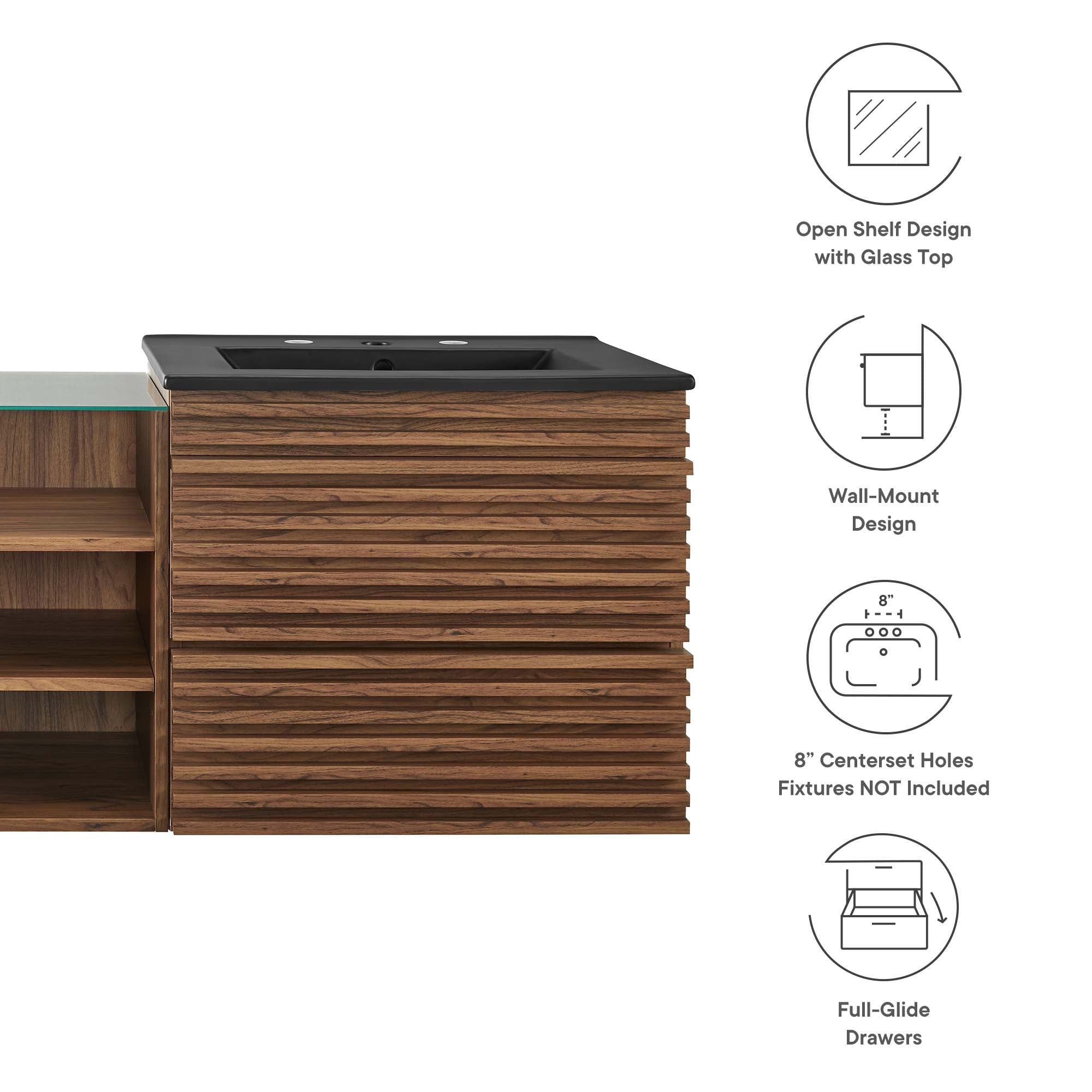 Render 62" Wall-Mount Double Sink Bathroom Vanity, Walnut Black