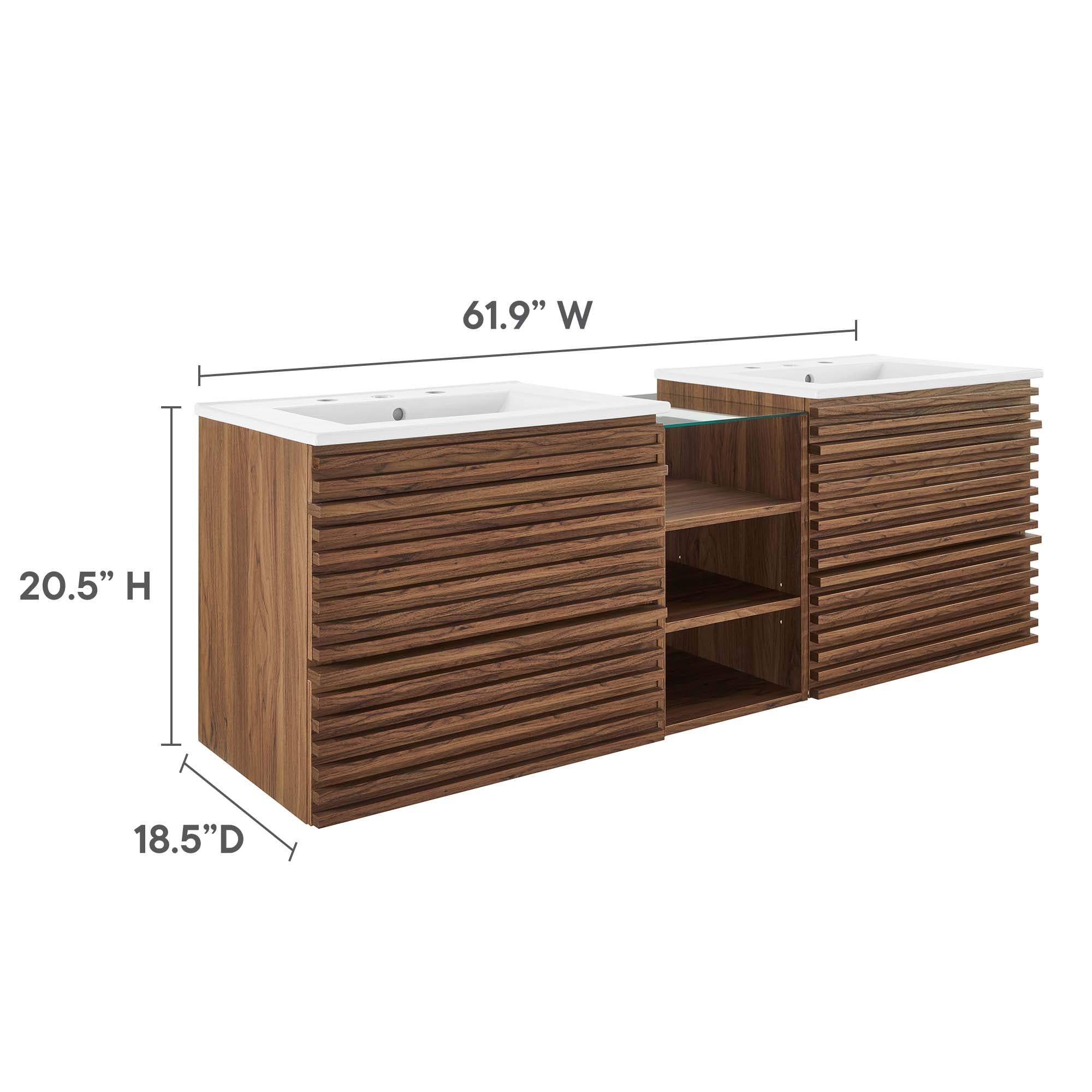 Render 62" Wall-Mount Double Sink Bathroom Vanity, Walnut White